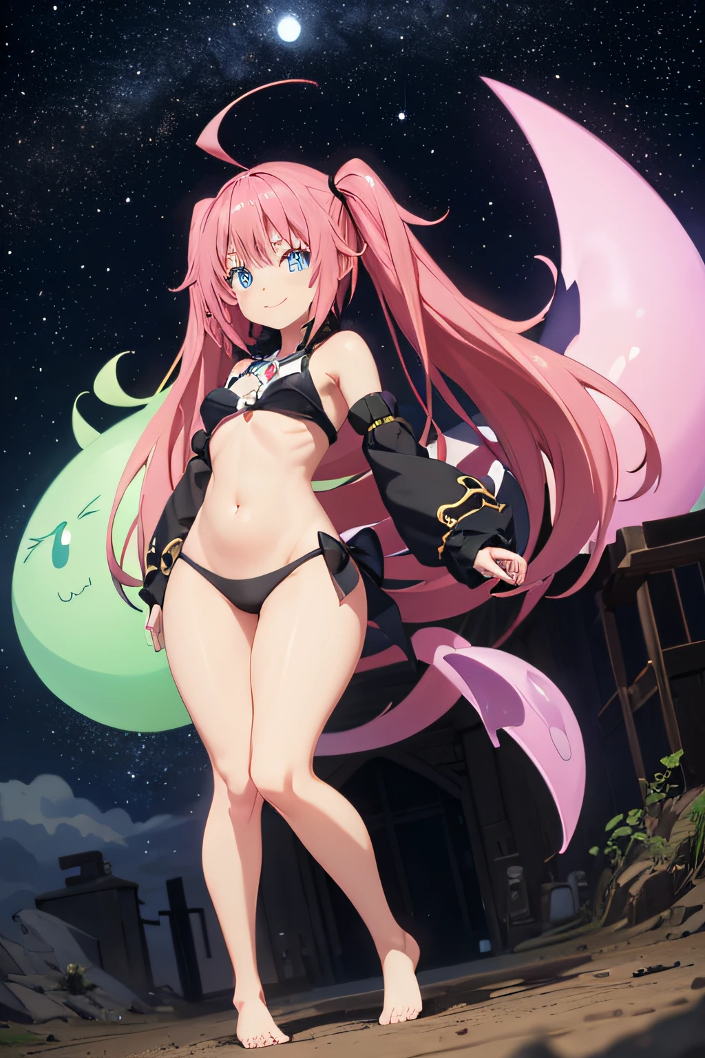 1Female、When I was reincarnated, I was a slime character(child)、masterpiece、superior quality、precise、animesque、child Demon King、Aimei、beautiful blue eyes and detailed、Pink hair、two-tailed、Proud double tails, very short black bikini 、Average breasts、True to the original、((barefoot)), muscular belly, beautiful muscular legs, Thick legs, (Smile), standing, (full body photography), city scene, night and starry skies