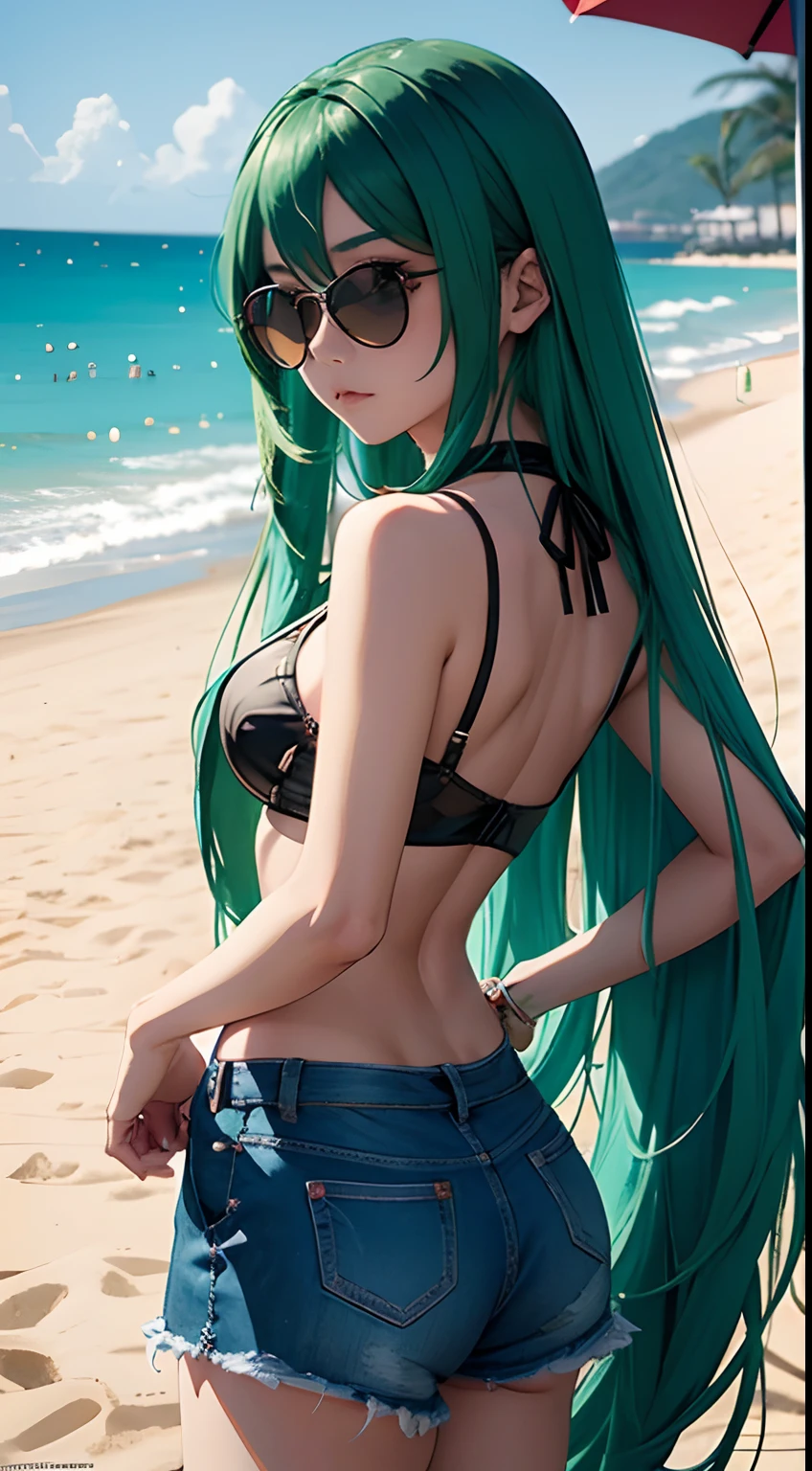 Anime girl with long green hair on the beach shopping at the mall wearing sunglasses, artgerm detalhado, trending on artstation pixiv, fanart requintada altamente detalhada, deusa anime, ! arte dos sonhos, Artgerm em ArtStation Pixiv, mulher bonita do anime, menina anime bonita, estilo artgerm, Mikudayo