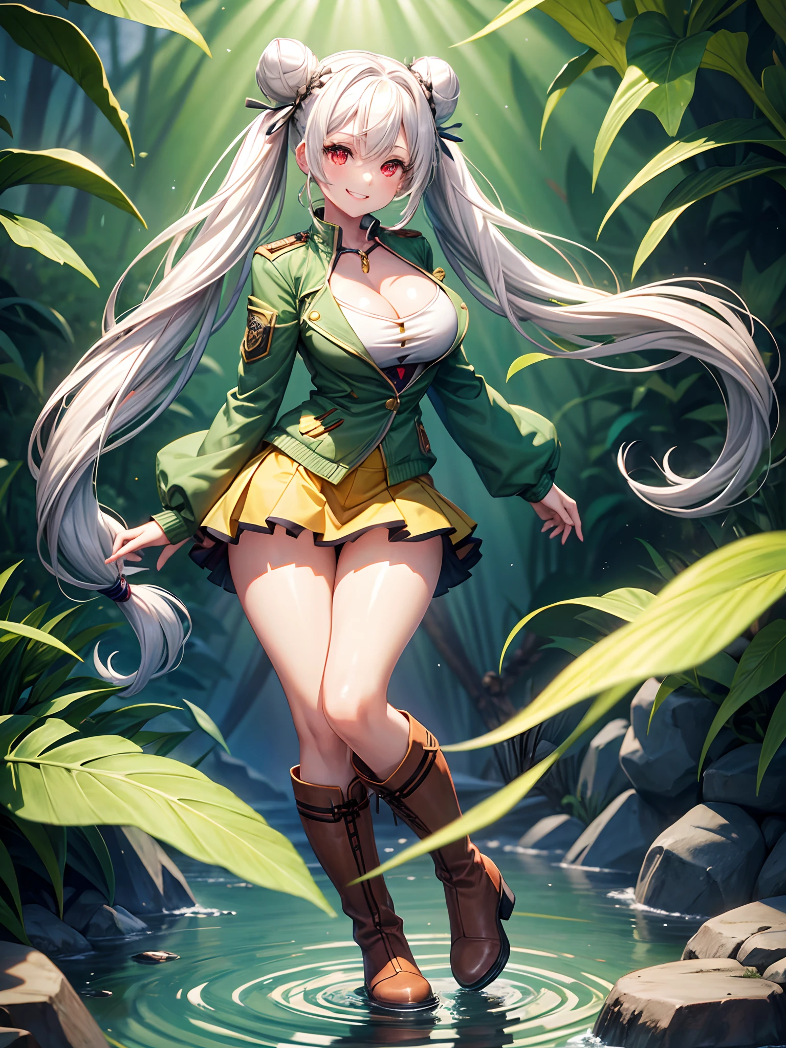 1girl, solo, long hair, white hair, twintail, bun, red eyes, large breasts, cleavage, green top, opened green jacket, brown boots, grin, looking at the viewer, full body, mini skirt, water plants
