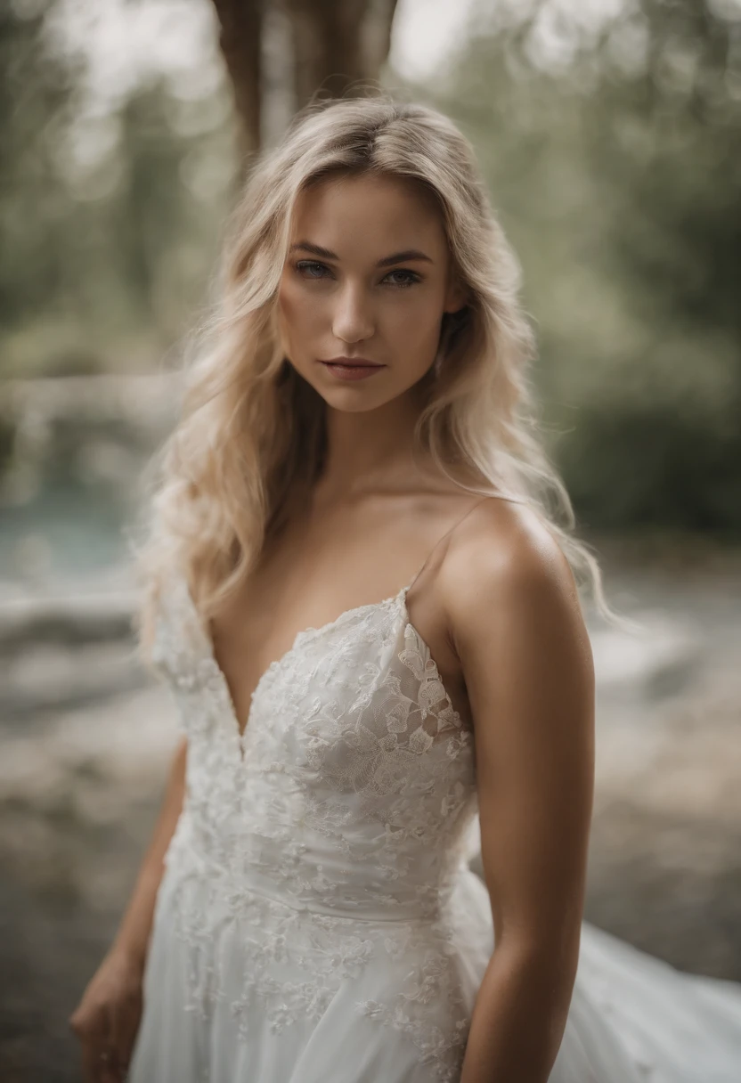 a photo of a , Masterpiece, A girl 25 years , Slavic appearance, Long blonde hair below the shoulders, The face is oval , Pointed chin, Nose Small Potato , Lips of medium swelling , The eyes are large, not much squinted, brown , Eyebrows are perfect, high forehead , Not much below the neck on the right is a mole, Average height , Breasts 2 sizes, white see-through dress , Full-length , Background sea , is looking at the camera, hiquality, hight resolution .