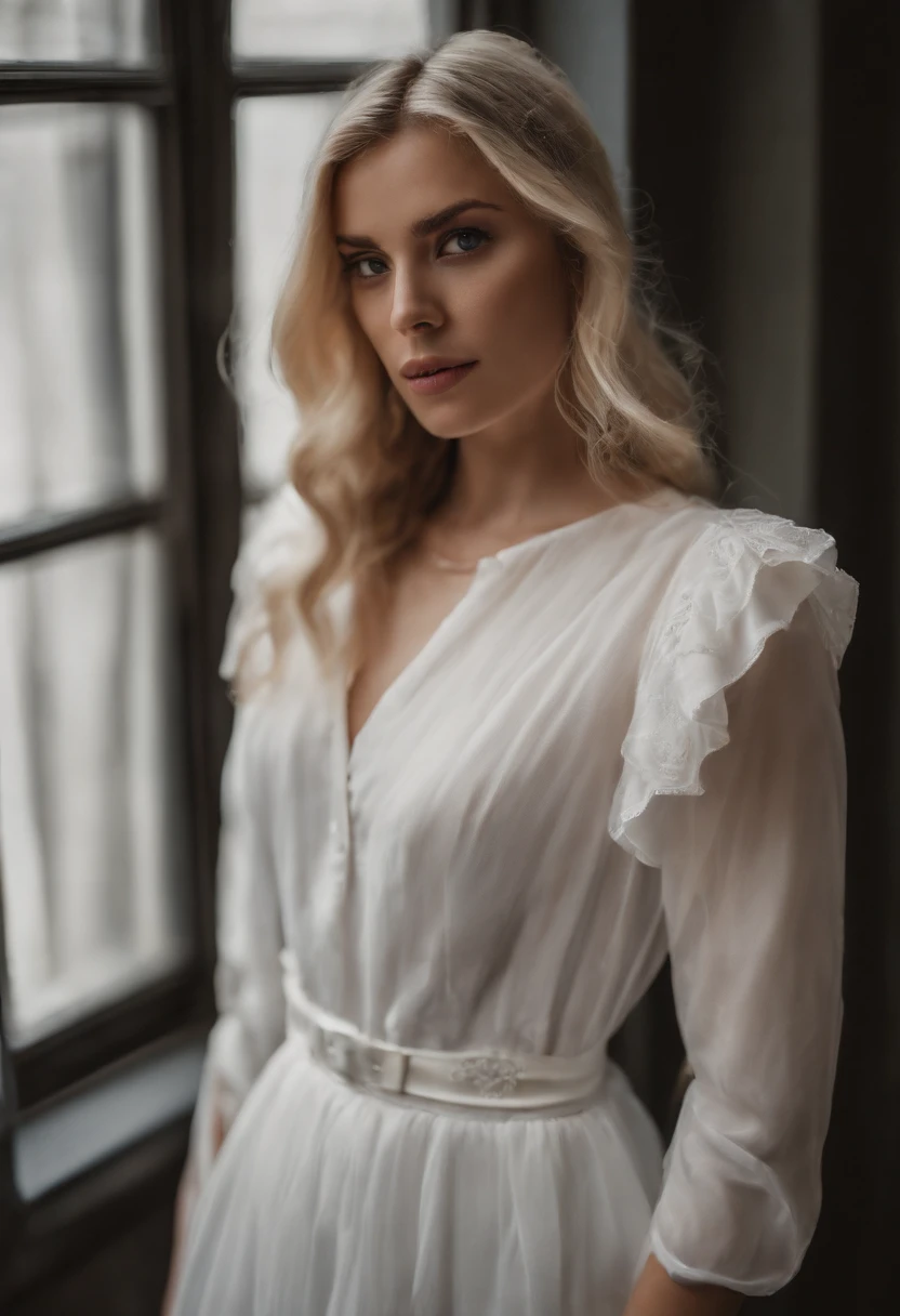 Realistic white Instagram influencer, best quality, Blond, 1人, blaue Augen, in white, enger, kurzes Kleid