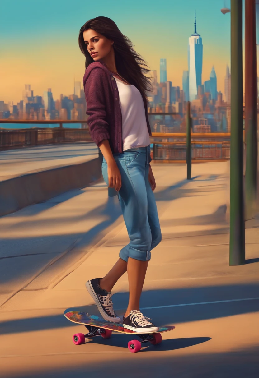 girl with straight dark brown hair, on skateboard, full body, slim, tall, new york city background, colourful, realistic