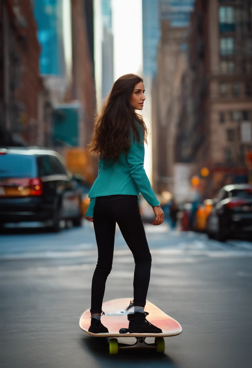 girl with straight dark brown hair, on skateboard, full body, slim, tall, new york city background, colourful, realistic
