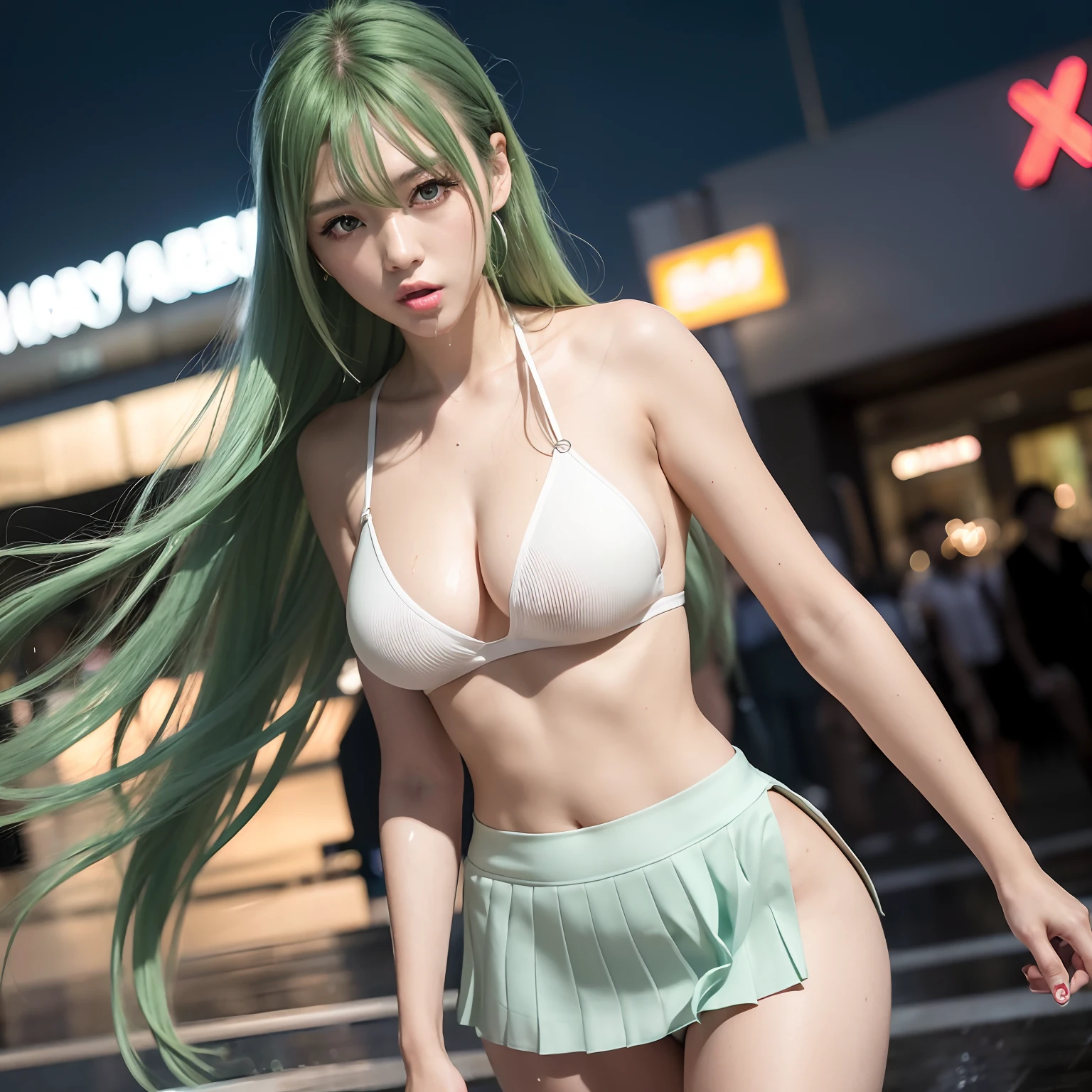 (bare breasts:0.2)best quality, ultra high res, (photorealistic:1.4), (green long hair:1.3), (azur lane\), 1girl, (Kpop idol), nsfw, slender body, looking at viewer, cute, detailed face, contrapposto, smooth skin, perfect anatomy, white camisole, pure black pleated skirt,  cityscape, night, rain, wet, professional lighting, shopping mall entrance, outdoor, no teeth