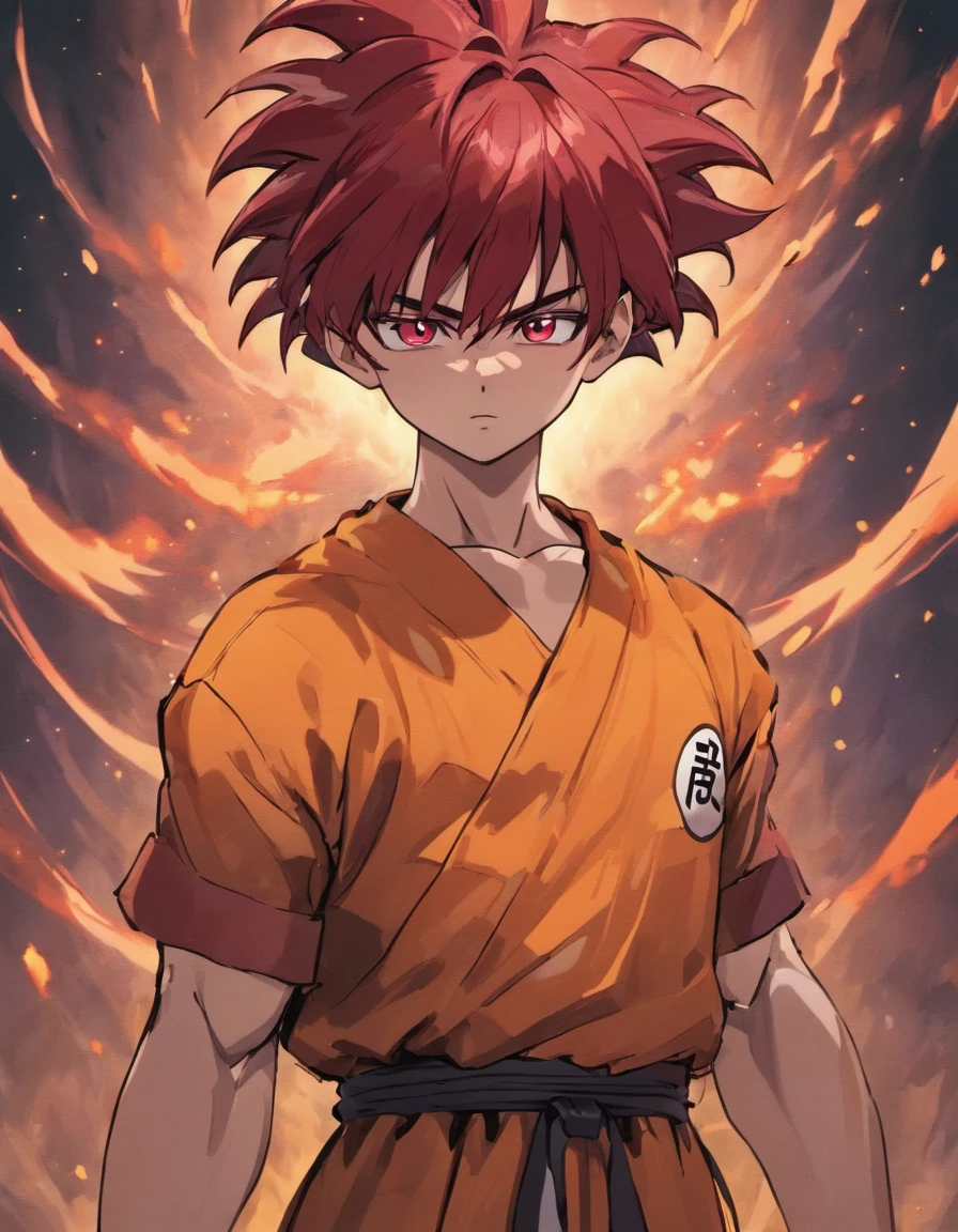 no universo de dragon ball crie um personagem masculino de cabelo vermelho, usando roupas com tons escuros, bastante detalhes na sua roupa, olho entedeados, Looking with disdain no universo de dragon ball