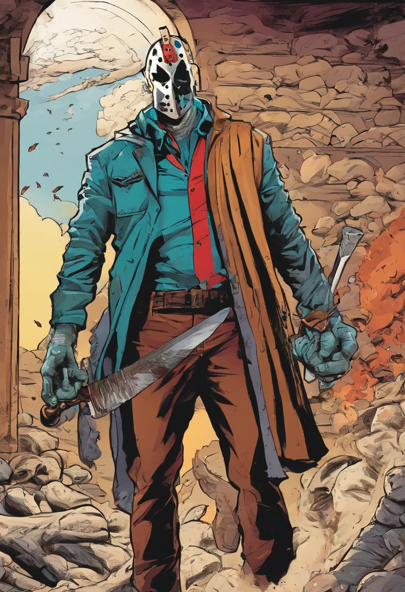 Jason standing with a knife in his hand, sombrio