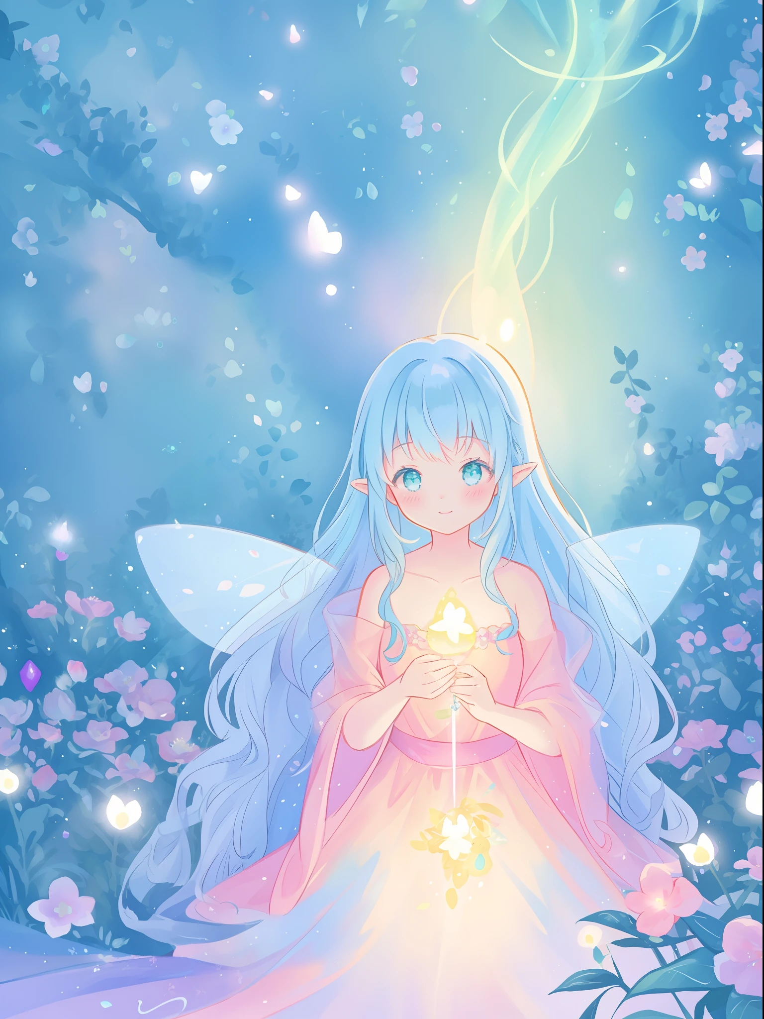 beautiful girl in fairy dress made of flower petals, beautiful fairy queen surrounded by colorful tiny pixies and fairies, glowing tiny fairies, (glowing fairy wings), glowing flowing ballgown, long wavy hair, sparkling fairy wings, watercolor illustration, flowers and colorful plants, inspired by Glen Keane, inspired by Lois van Baarle, disney art style, by Lois van Baarle, glowing aura around her, by Glen Keane, jen bartel, glowing lights! digital painting, flowing glowing hair, glowing flowing hair, beautiful digital illustration, fantasia otherworldly landscape plants flowers, beautiful, masterpiece, best quality, anime disney style