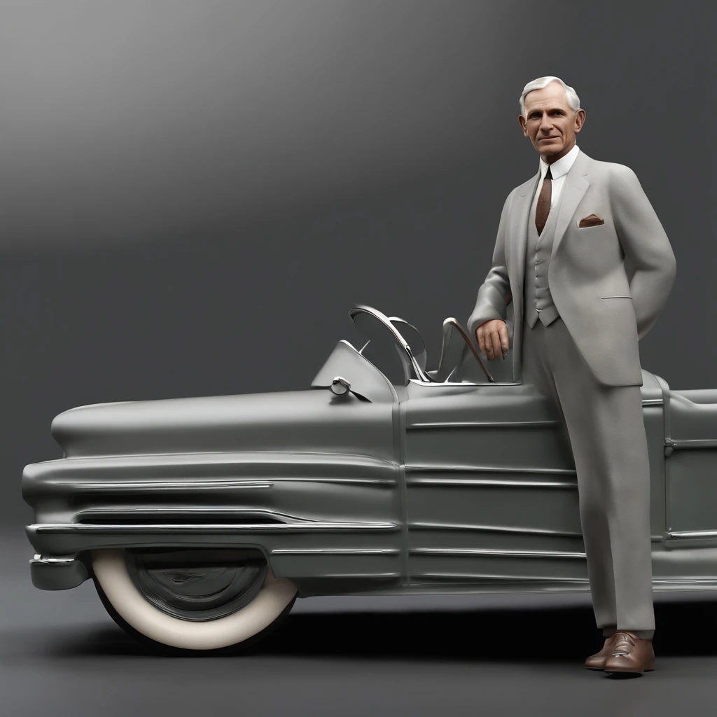 A realistic 3D rendering of Henry Ford alone in the form of a statue with a gray background. Ford deve estar ao lado de um de seus primeiros modelos de carro o Ford Motor T, o Ford Motor T, that revolutionized the automotive industry, waist up angle,sozinho