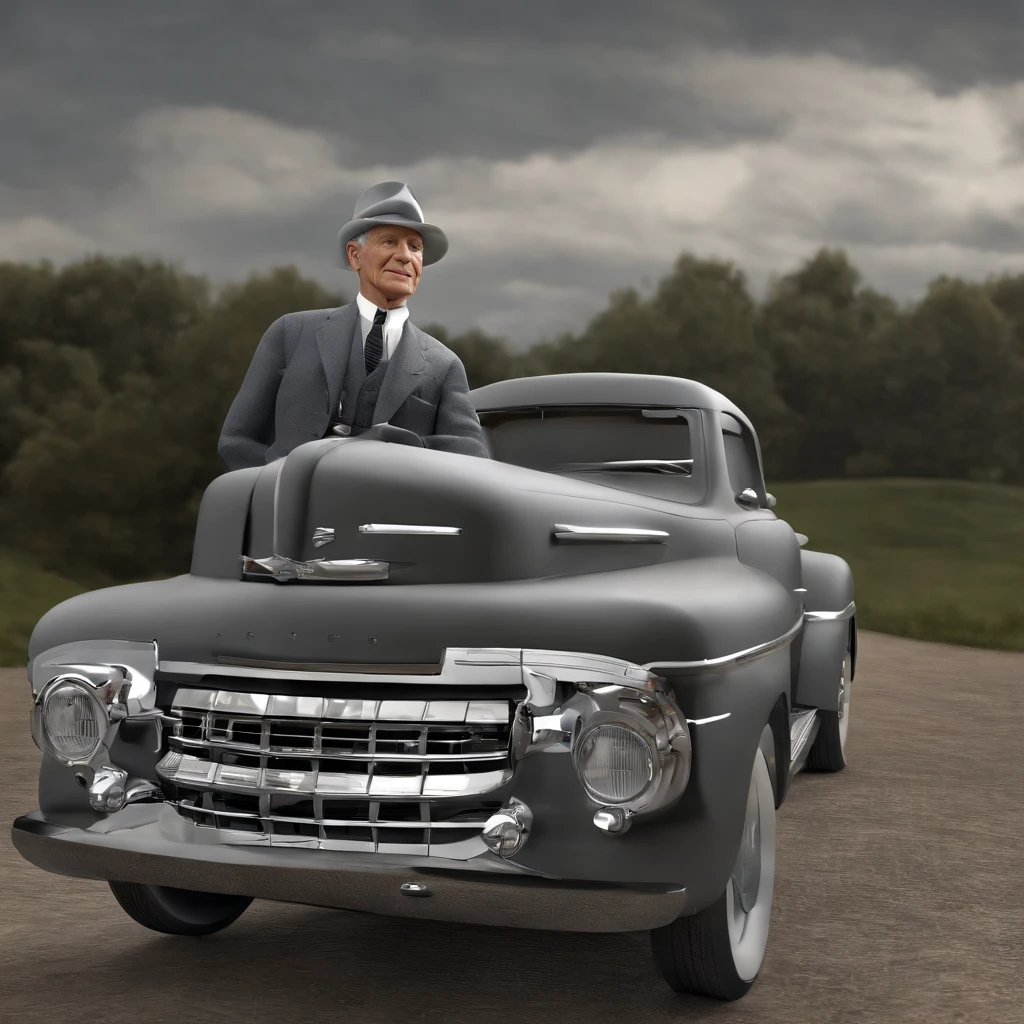 A realistic 3D rendering of Henry Ford alone in the form of a statue with a gray background. Ford deve estar ao lado de um de seus primeiros modelos de carro o Ford Motor T, o Ford Motor T, that revolutionized the automotive industry, waist up angle,sozinho