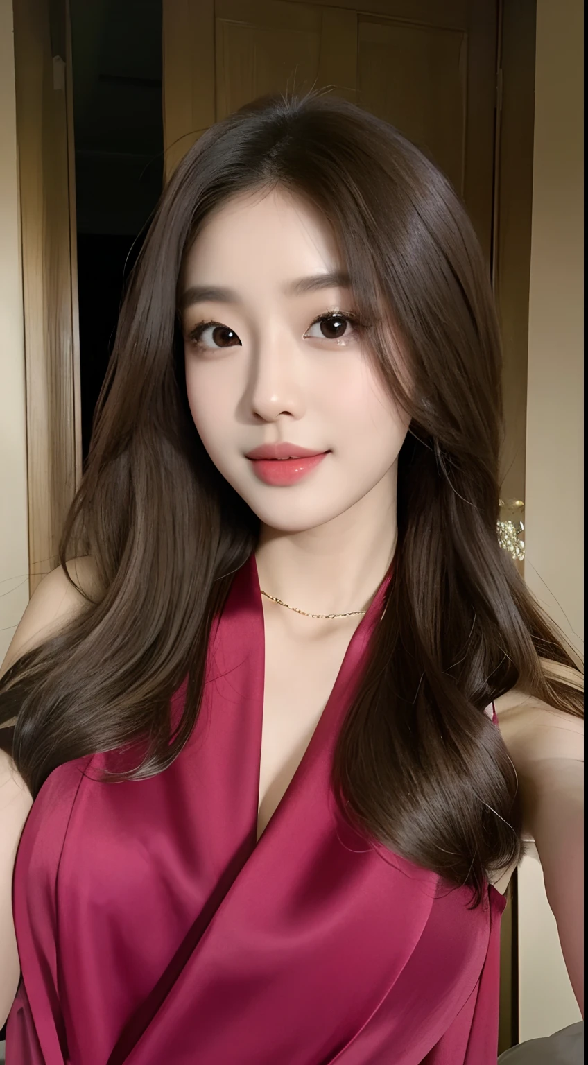 araffe woman with long brown hair wearing a red dress, beautiful south korean woman, korean girl, jaeyeon nam, asian girl with long hair, pokimane, wenfei ye, 2 7 years old, 2 2 years old, 2 8 years old, beautiful asian girl, xision wu, gorgeous young korean woman, 1 8 yo, cindy avelino, Best picture quality, masterpiece, ultra high resolution, 8k, cleavage, big boobs, bust detail, hair detail, eye detail, sharp eyes, thin smile, professional lighting