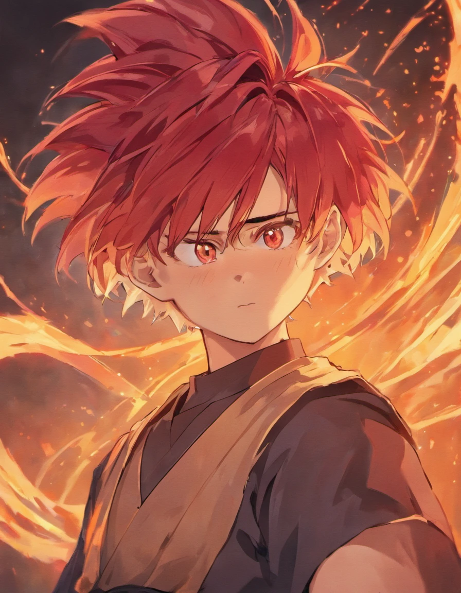 no universo de dragon ball crie um personagem masculino de cabelo vermelho, usando roupas com tons escuros, bastante detalhes na sua roupa, olho entedeados, Looking with disdain no universo de dragon ball