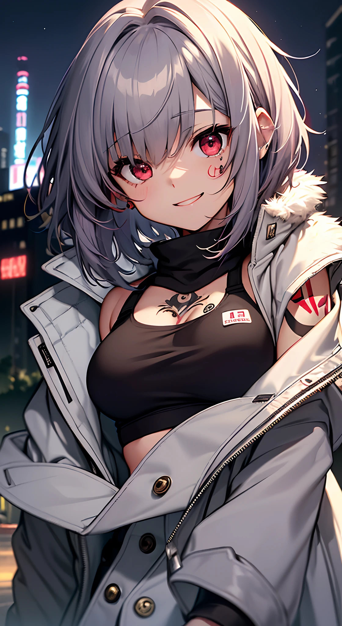 top-quality、Top image quality、in 8K,4K,masterpiece、、ultra-detailliert、Beautiful、ultra-quality、adult-like、Cool、girl with(((18year old、Sportsbra:1.2、Put on your coat、Bust 84、silber hair、a short bob、Red Eyes、erotick:1.1、Happiness、The tattoo)))、hiquality、visualart、Background with((nightcity:1.2))、masutepiece