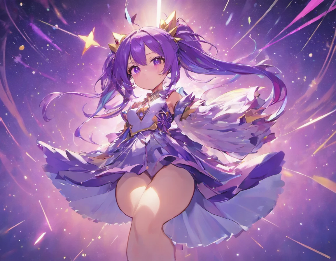 masterpiece、top-quality、Movie stills、1人、stars on sky、huge smile、More than 20 colored stars、colorful stars、a closeup、with light glowing、Happiness、Warm and soft lighting、the setting sun、(Spark:0.7)Eyes are purple,purple color hair、Hair color is purple,Long hair,Bun Ponytail,masutepiece, Best Quality, pixiv,bluntbangs,portraitures, ornament detached, Height 170cm,Purple eyes,Deities々Shishihitomi, Super long hair, doress、doodle, murky, natta, Shines、 from the rear,Squat position,purple color hair,Miraculous body lines,,Hands are not visible if the sleeves are too long, Hands tucked between the crotches、H,BREAK (masutepiece:1.2), Best Quality, High resolution, long legged、Menace Dresses、Unity 8k壁纸,Many stars all over the sky,Shooting stars shining in the night sky、Meteor swarm,Stare at me in a slouched position、Lots of shooting stars、Shooting stars in the sky、extremely details CG, (Perfect hands, Perfect Anatomy)