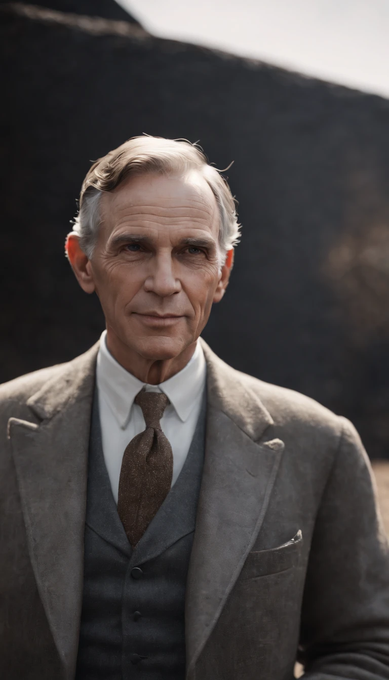 A realistic 3D rendering of Henry Ford alone in the form of a statue with a black background. Ford deve estar ao lado de um de seus primeiros modelos de carro o Ford Motor T, o Ford Motor T, that revolutionized the automotive industry, waist up angle,sozinho