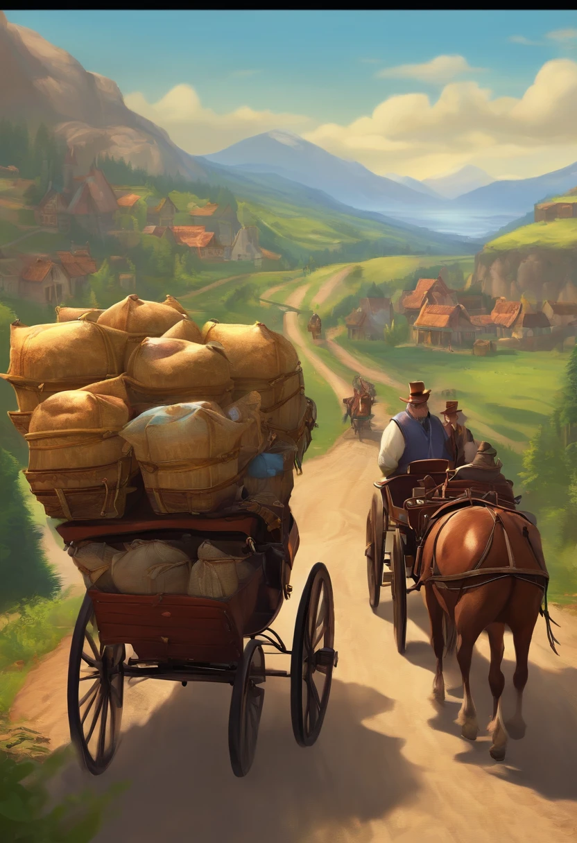 Game banner, a group of fat merchants on the road, next to the landscape, hanging money bags, next to a carriage carrying treasure chests, comic style