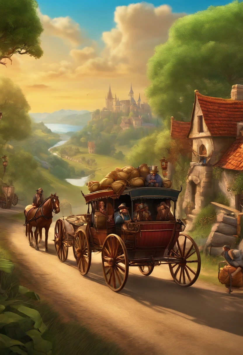 Game banner, a group of fat merchants on the road, next to the landscape, hanging money bags, next to a carriage carrying treasure chests, comic style