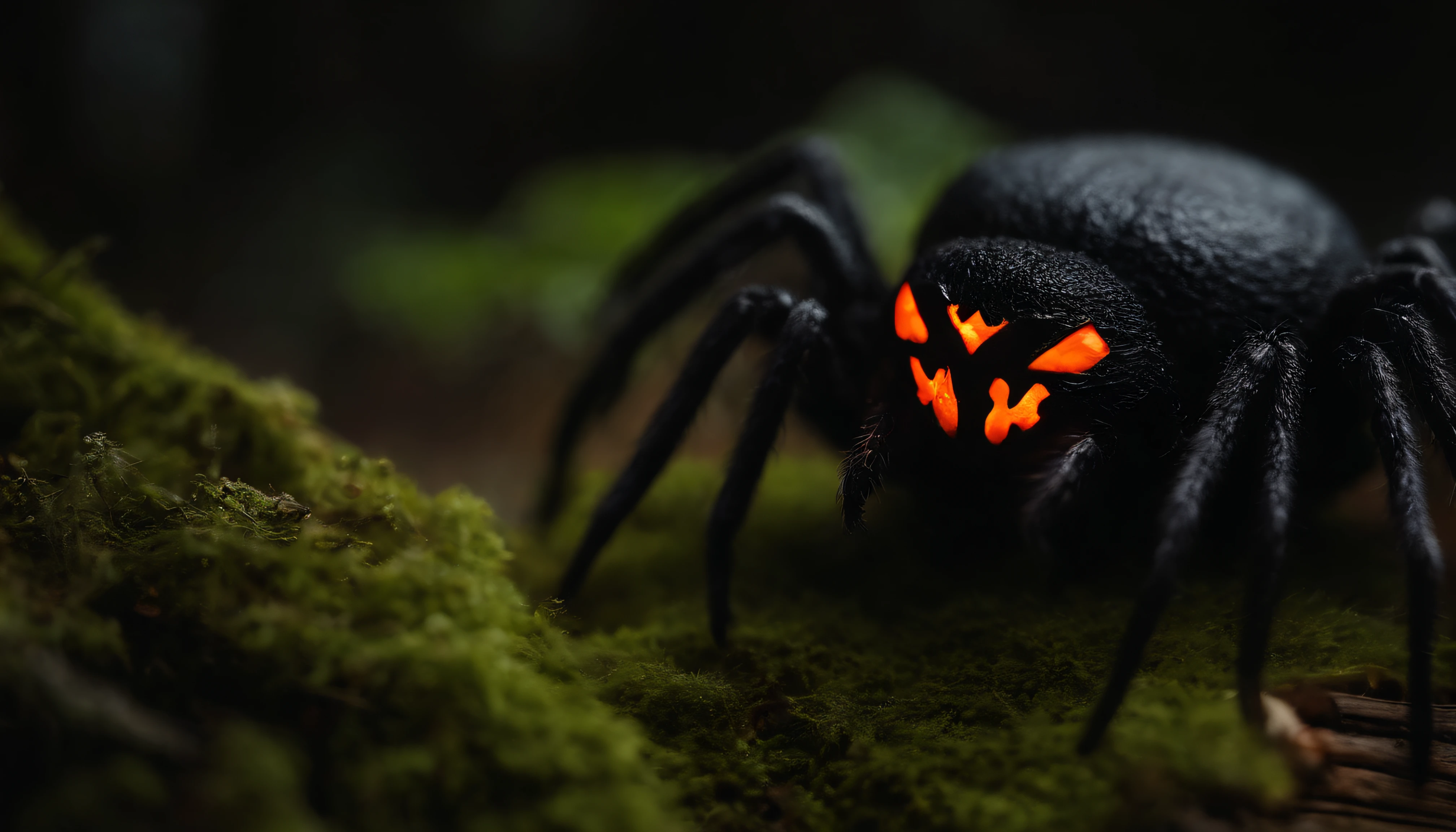 there is a small black spider creature on a mossy log, scary forest creature, scary creature, creepy sigma 75mm, portrait of a monster, photorealistic dark concept art, creepy macro photo, still from a fantasy movie, creepy creature, little creature, mysterious creature, fire glowing creature, in a spooky forest, solo Out_of_focus_Far_background_pumpkin,