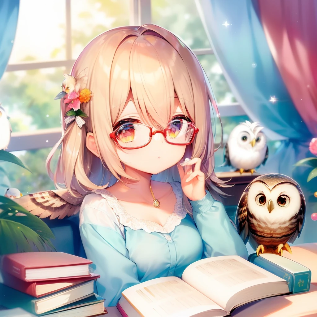 (melhor qualidade: 0.8), (melhor qualidade: 0.8), Perfect anime illustration, A cute owl with glasses,  cute colorful adorable, livros com estantes e uma janela