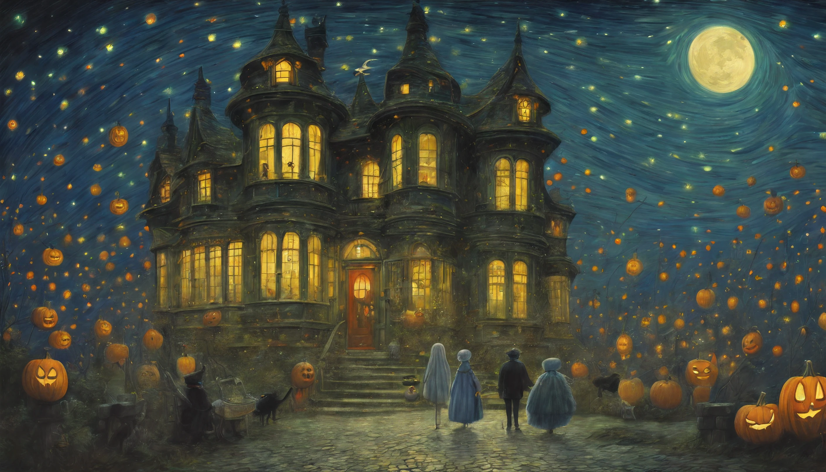 monsters going out to trick or treat in john atkinson grimshaw  style starry halloween night in studio ghibli world