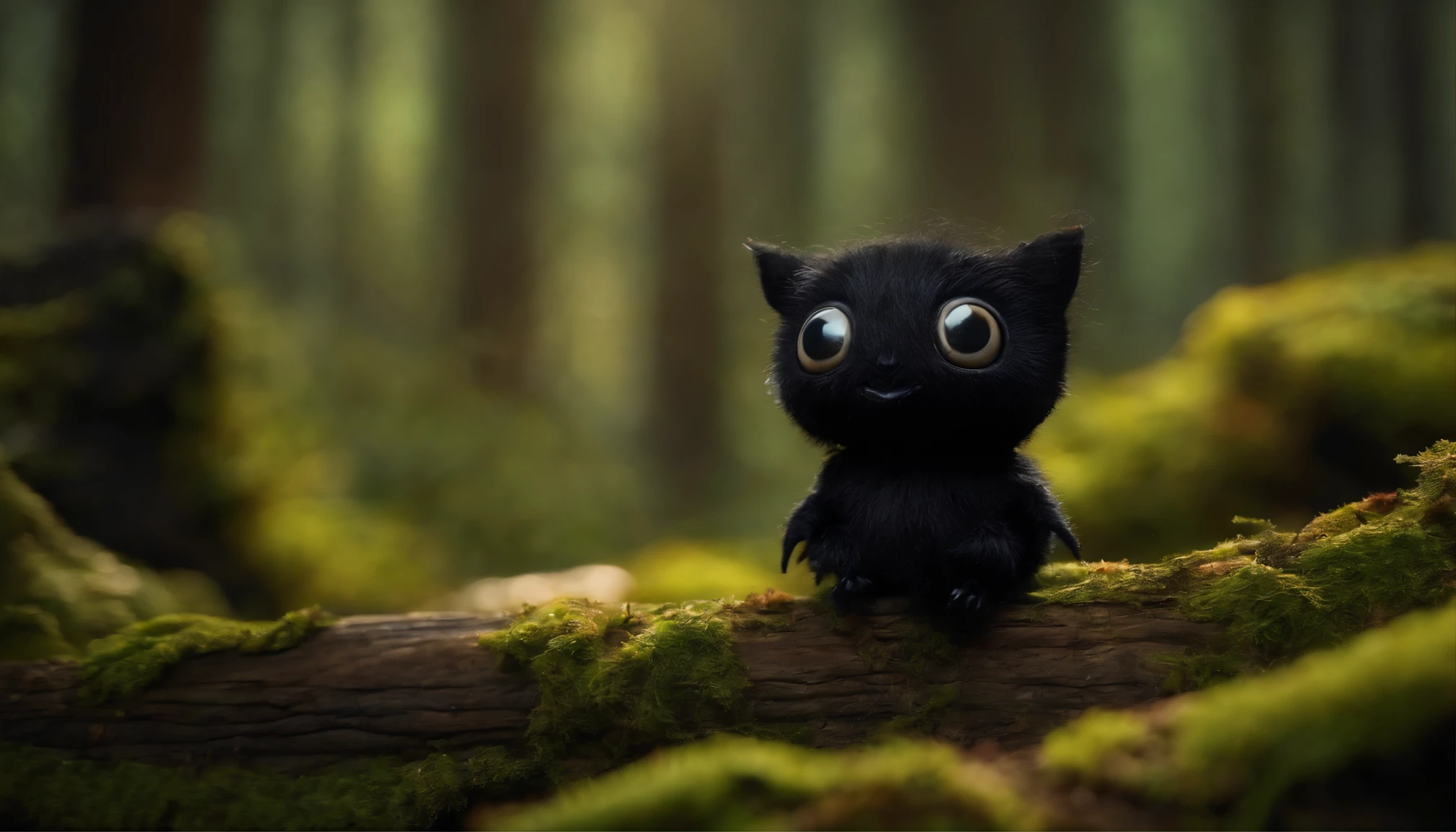 there is a small black creature with big eyes sitting on a mossy log, cute forest creature, scary creature, creepy cute creatures everywhere, creepy sigma 75mm, portrait of a cute monster, photorealistic dark concept art, creepy macro photo, still from a fantasy movie, creepy creature, cute little creature, mysterious creature, adorable glowing creature, in a spooky forest, Burning Pumpkins in the background, @Cozy