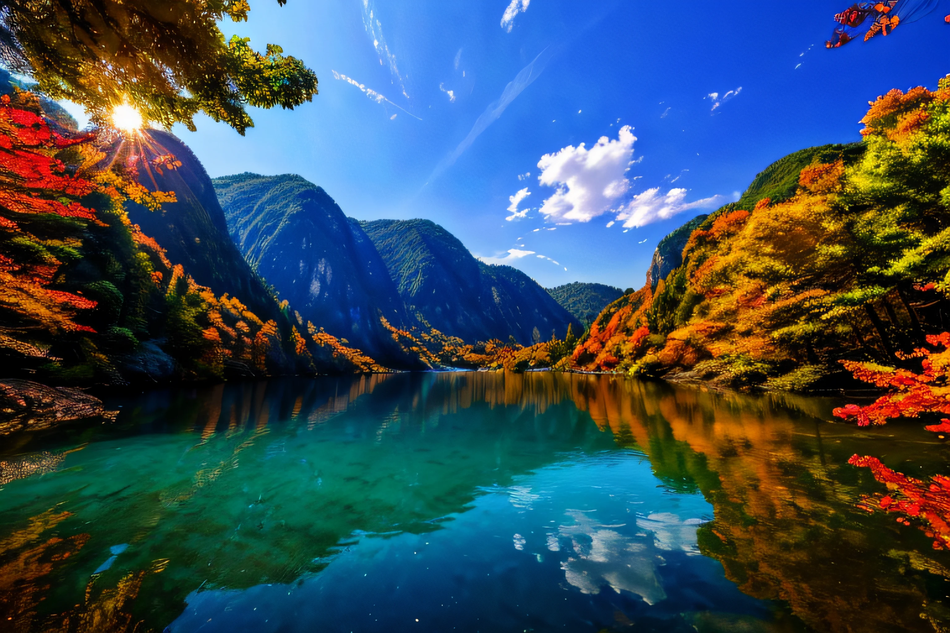 tmasterpiece,best qualtiy,(Very detailed CG unity 8k wallpaper)(best qualtiy),(Most Best Illustration),(best shadow)Nature',Blue sea,Delicate leaves of various colors fall in air light tracking,ultra-detailliert ,Carp in the water --v6