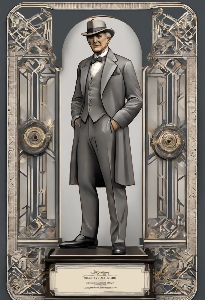 A realistic 3D rendering of Henry Ford alone in the form of a statue with a gray background. Ford deve estar ao lado de um de seus primeiros modelos de carro o Ford Motor T, o Ford Motor T, that revolutionized the automotive industry, waist up angle,sozinho