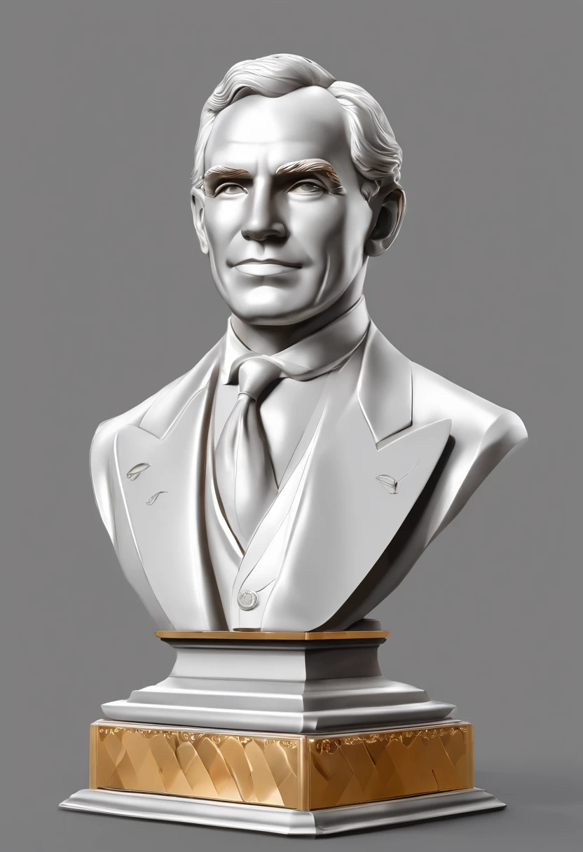 A realistic 3D rendering of Henry Ford alone in the form of a statue with a gray background. Ford deve estar ao lado de um de seus primeiros modelos de carro o Ford Motor T, o Ford Motor T, that revolutionized the automotive industry, waist up angle,sozinho