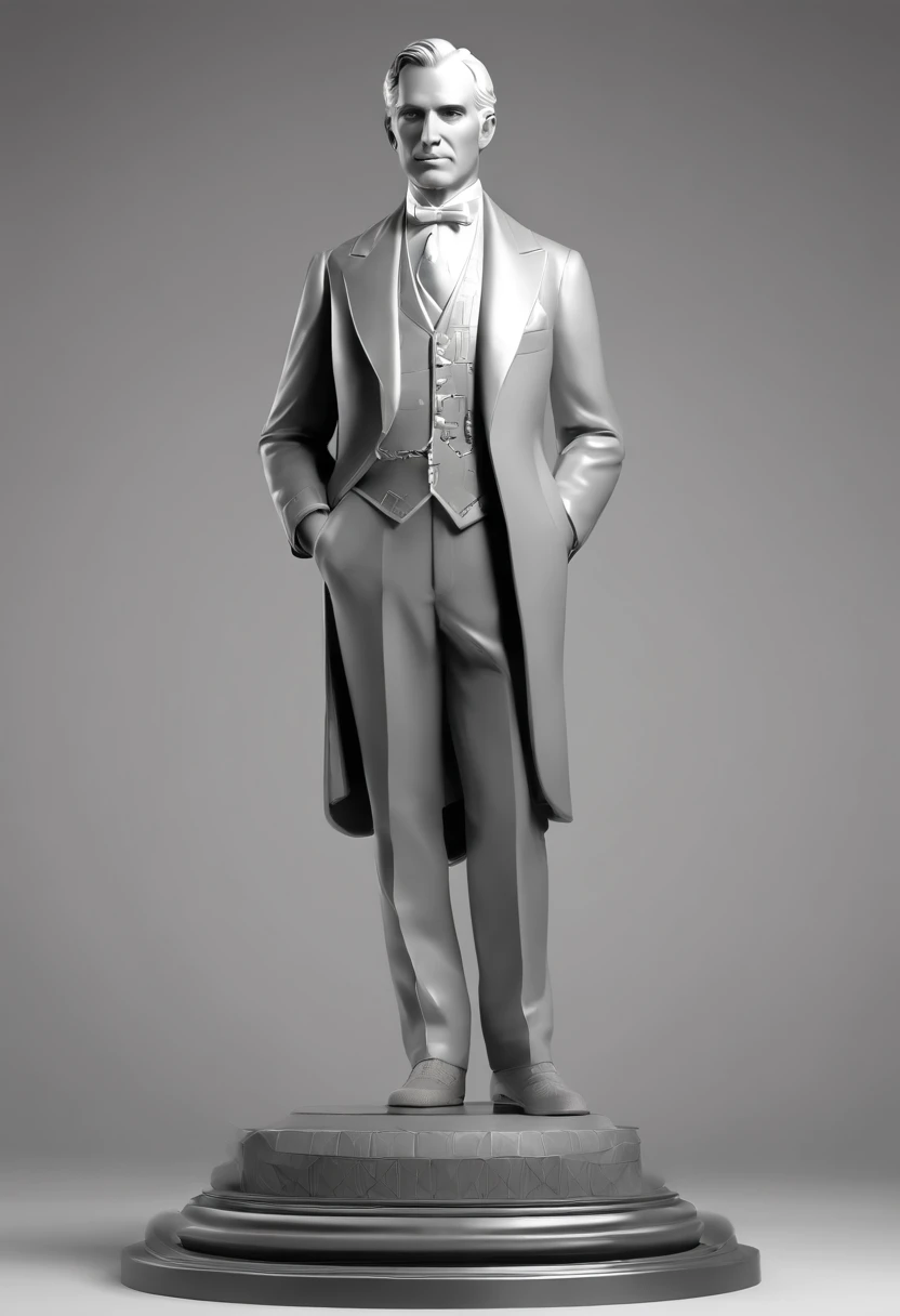 A realistic 3D rendering of Henry Ford alone in the form of a statue with a gray background. Ford deve estar ao lado de um de seus primeiros modelos de carro o Ford Motor T, o Ford Motor T, that revolutionized the automotive industry, waist up angle,sozinho