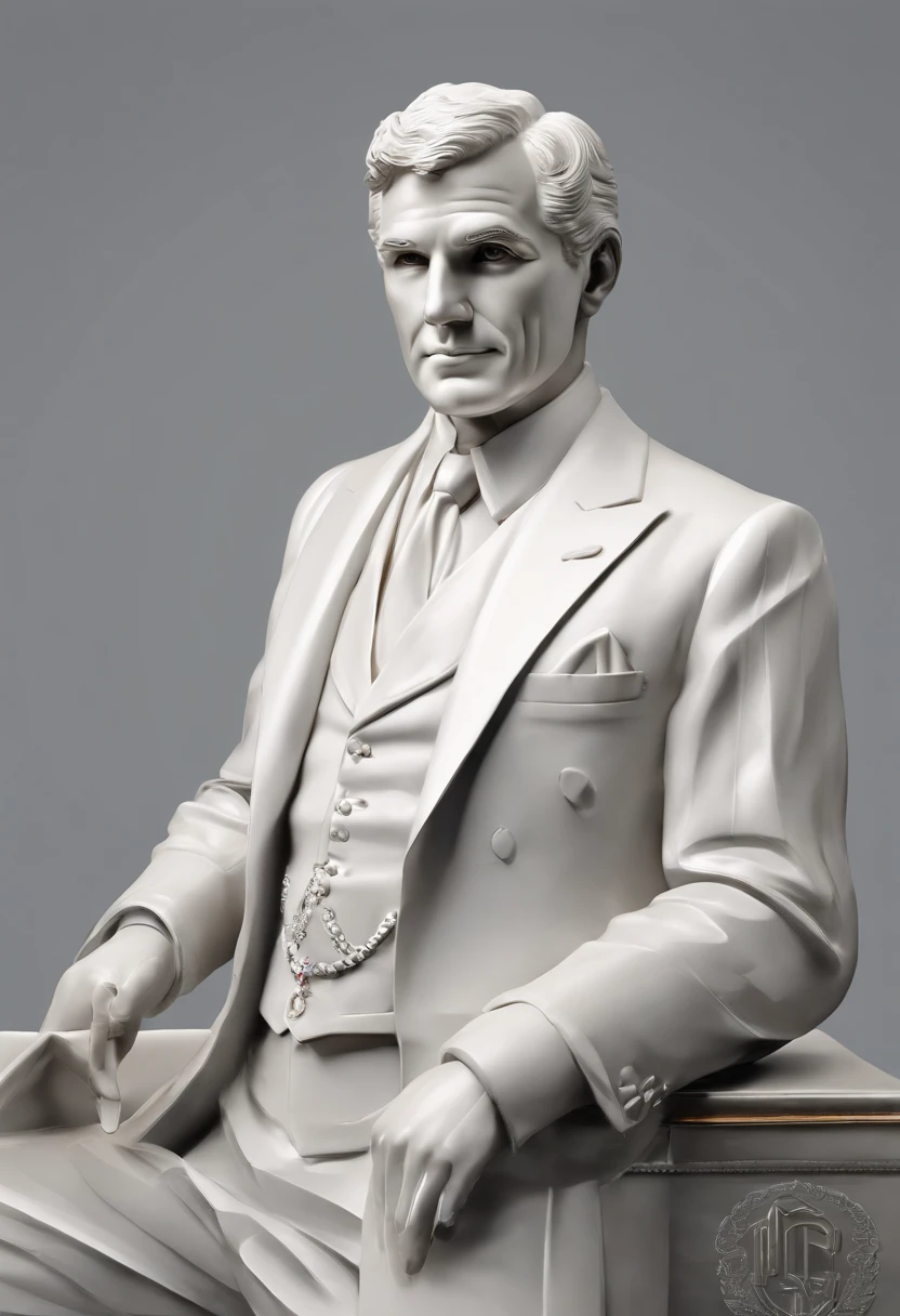 A realistic 3D rendering of Henry Ford alone in the form of a statue with a gray background. Ford deve estar ao lado de um de seus primeiros modelos de carro o Ford Motor T, o Ford Motor T, that revolutionized the automotive industry, waist up angle,sozinho