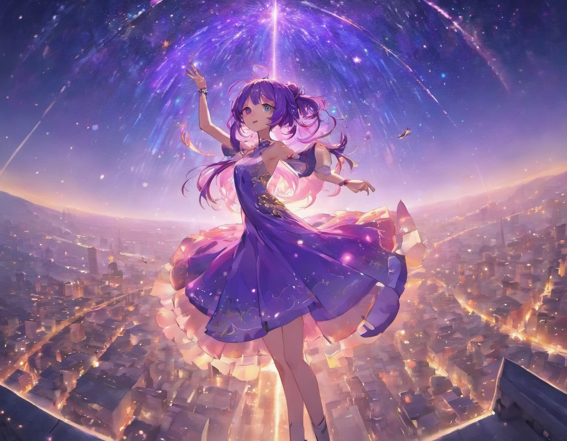 masterpiece、top-quality、Movie stills、女の子1人、stars on sky、huge smile、More than 20 colored stars、colorful stars、a closeup、with light glowing、Happiness、Warm and soft lighting、the setting sun、(Spark:0.7)Eyes are purple,purple color hair、magical girl、Circle of Angels、Purple Wings、Hair color is purple,Long hair,Bun Ponytail,masutepiece, Best Quality, pixiv,bluntbangs,portraitures, ornament detached, Height 170cm,Purple eyes,Deities々Shishihitomi, Super long hair, doress、doodle, murky, natta, Shines、 from the rear,Back hug position,purple color hair,Miraculous body lines,Hands are not visible if the sleeves are too long, Hands tucked between the crotches、the ground,BREAK (masutepiece:1.2), Best Quality, A city scape、High resolution, long legged、Menace Dresses、Unity 8k壁纸,Many stars all over the sky,Shooting stars shining in the night sky、Meteor swarm,Stare at me in a slouched position、Lots of shooting stars、Shooting stars in the sky、extremely details CG, (Perfect hands, Perfect Anatomy)