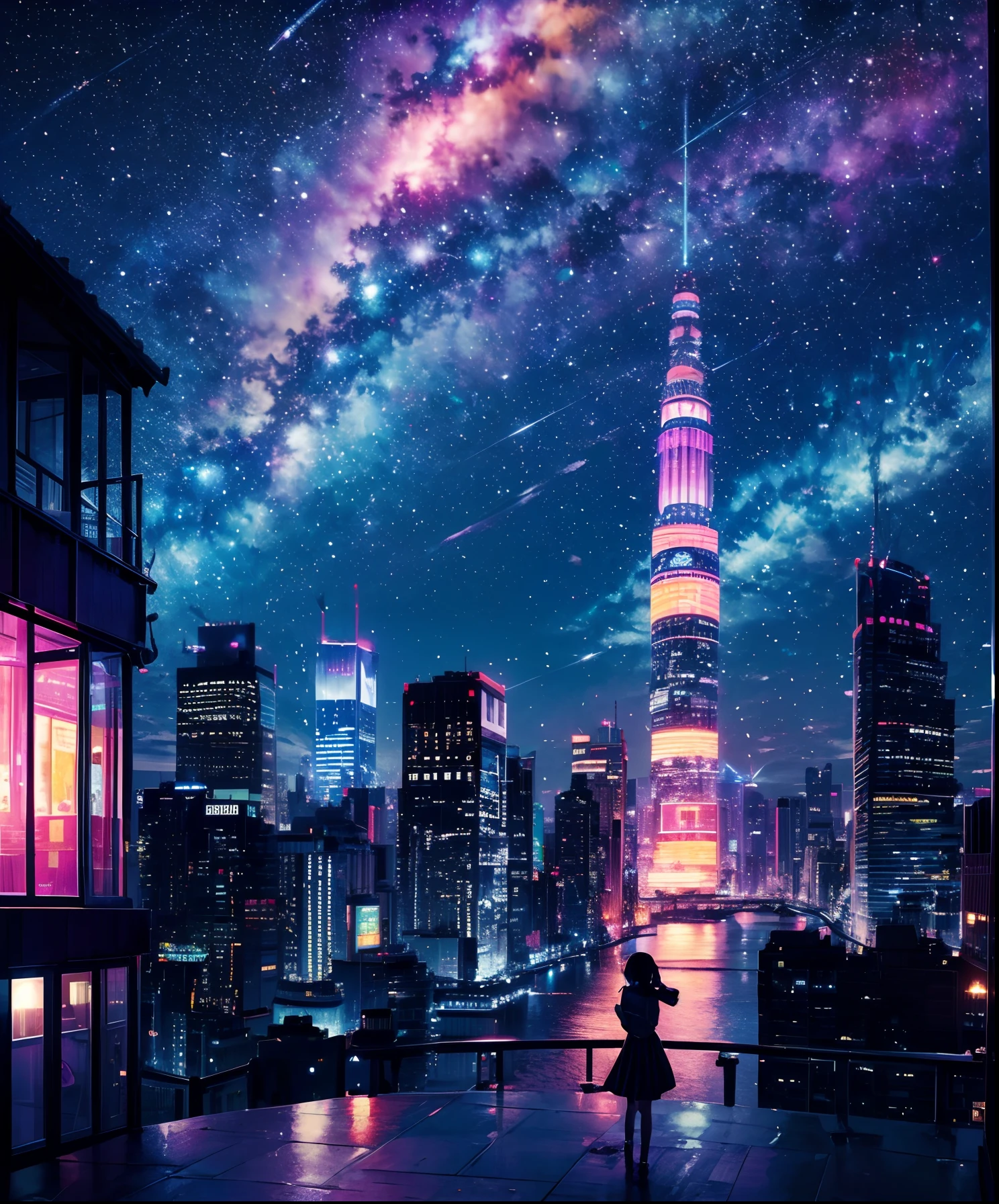 Sheet music playback、Colorful sheet music is played、Cute girl characters、 Night view from a high place、Drawing a large number of skyscrapers, Looking up at the starry sky. Surround her with colorful nebulae and colorful metropolis.