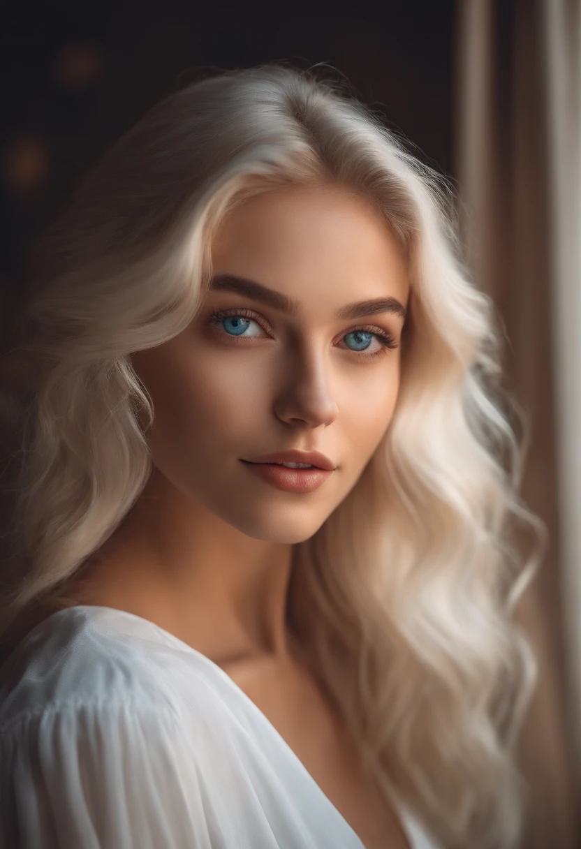 realistic white 20-year-old European girl instagram influencer, best quality, blonde, 1 girl, blue eyes, in white tight short dress