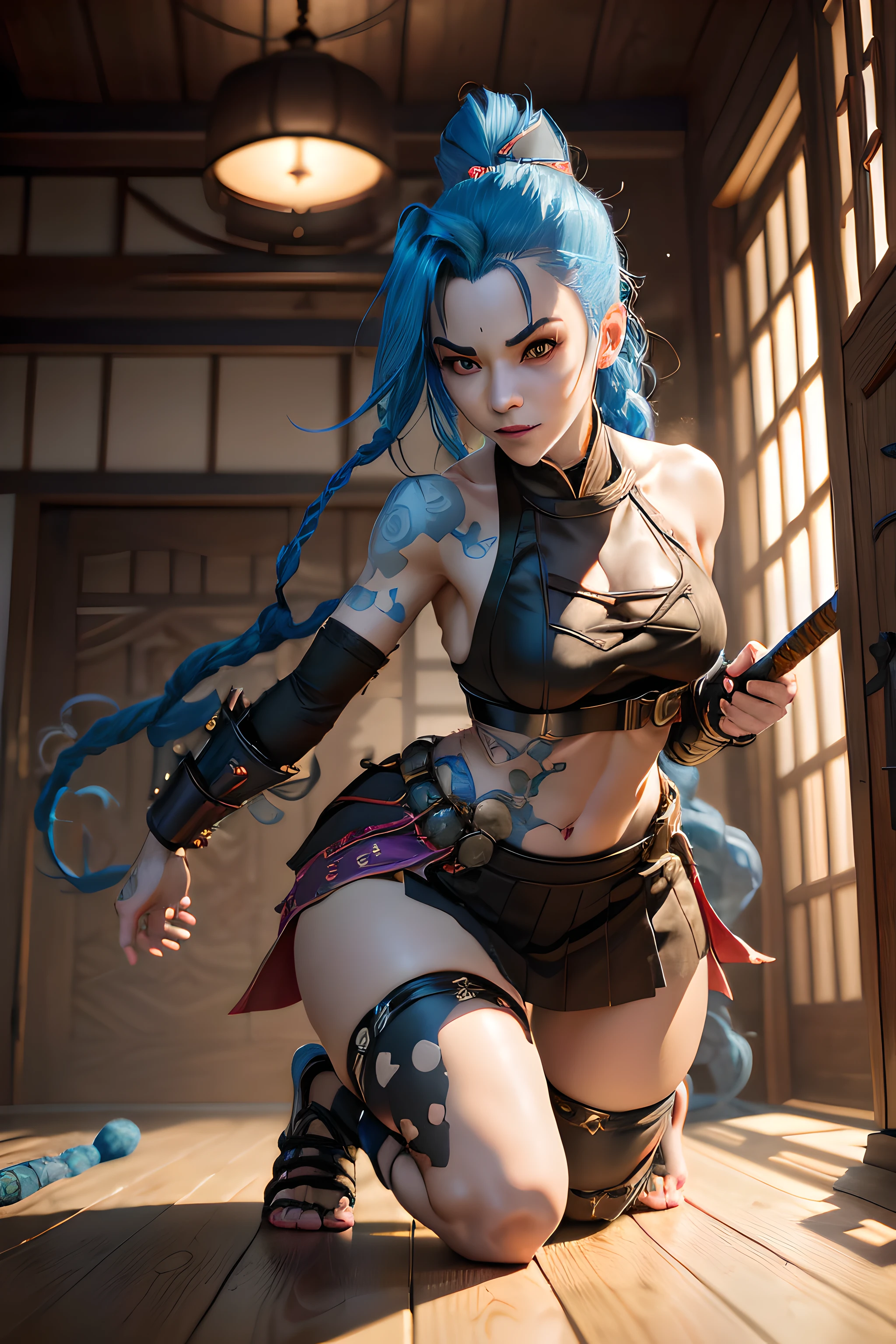 Ninja, mulher ocidental, mulher bonita, mulher de cabelo azul claro longo, blue_hair, Blue ninja clothes, peitos grandes, mortal kombat style, personagem de mortal kombat, realista, 1girl, jardim de fundo, posando para foto
