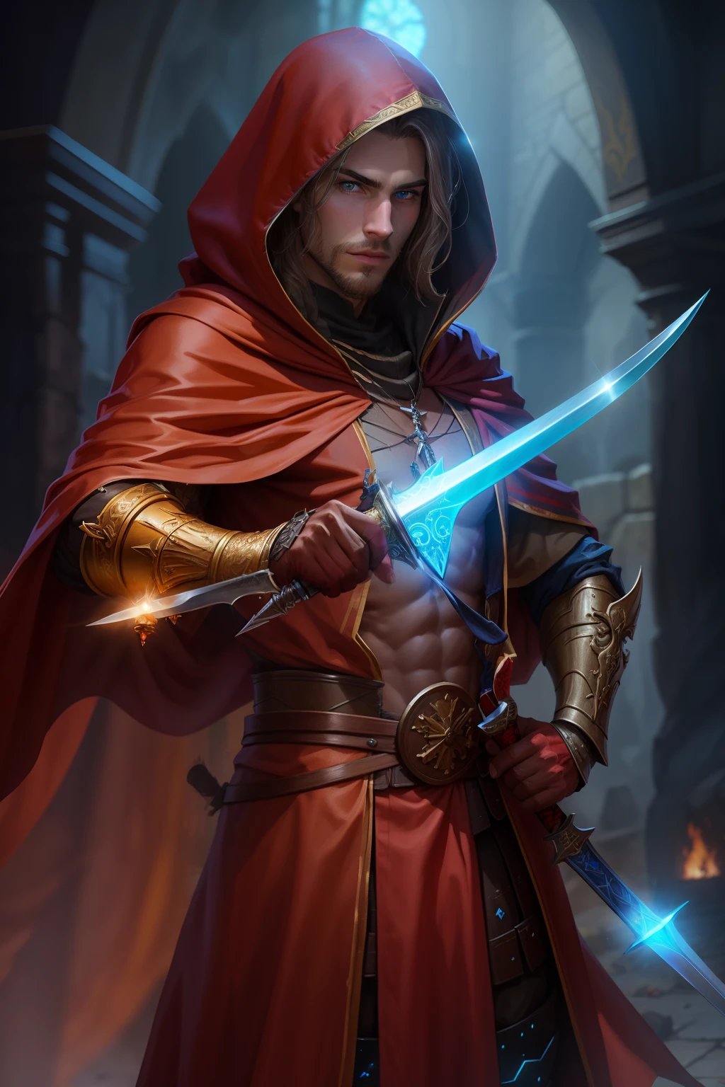 A man in a hooded cloak, Holding a dagger and a dagger, picture of an adult male warrior, Holding a dagger and a dagger, Fantasy D&d character, Fantasy warrior in full armor, D & D Фэнтезийный персонаж, Персонаж Dungeons anD Dragons, fantasy character photo, Fantasy character DND, Fantasy Warrior,