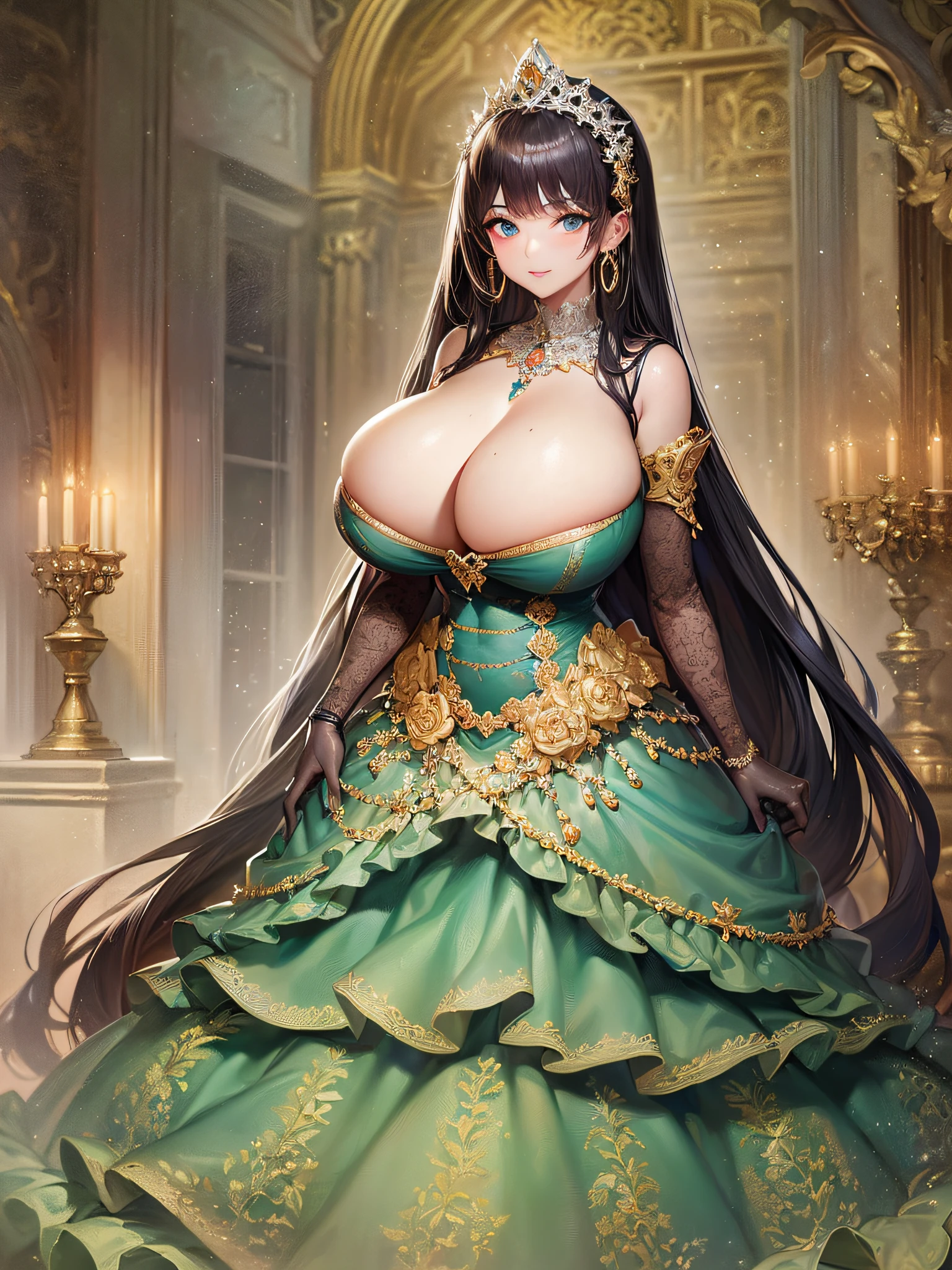 ((anime artstyle)),(Masterpiece),(Best Quality), (Super Detail),(Highly Detailed CG Unity 8k wallpaper),((Very Delicate and Beautiful)),cinematic lighting,1 girl,((full body portrait)),((standing in garden)),((solo)),(((1 fairytale princess in gorgeous embroidery and jeweled extremely gorgeous rococo princess ballgown with voluminous full length hoop skirt))),an hourglass waist,padded and corseted bodice,(((huge crinoline hoopskirt))),long train,((gorgeous embroidery and jeweled)),voluminous frills,See-through,(((extremely gigantic tits,skindentation))),cleavage,((absurdly Long Straight Hair,extremely voluminous Straight long Hair,absurdly Long Straight Hair)),(finely detailed face and eyes),(Blush,Smile),clear pupil,extremely gorgeousfull hair ornament,(bling-bling jeweled extremely gorgeousfull tiara),((bling-bling gorgeous gemstone jewelry)),gorgeous long veil,((ultra long gloves)),(beautiful background),(full body),((gorgeous embroidery and jeweled extremely gorgeous rococo princess ballgown with voluminous full length hoop skirt))