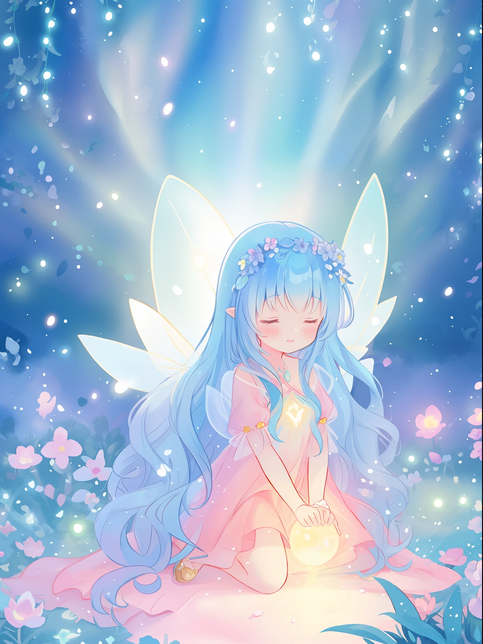 beautiful girl in fairy dress made of flower petals, beautiful fairy queen surrounded by colorful tiny pixies and fairies, glowing tiny fairies, (glowing fairy wings), glowing flowing ballgown, long wavy hair, sparkling fairy wings, watercolor illustration, flowers and colorful plants, inspired by Glen Keane, inspired by Lois van Baarle, disney art style, by Lois van Baarle, glowing aura around her, by Glen Keane, jen bartel, glowing lights! digital painting, flowing glowing hair, glowing flowing hair, beautiful digital illustration, fantasia otherworldly landscape plants flowers, beautiful, masterpiece, best quality, anime disney style