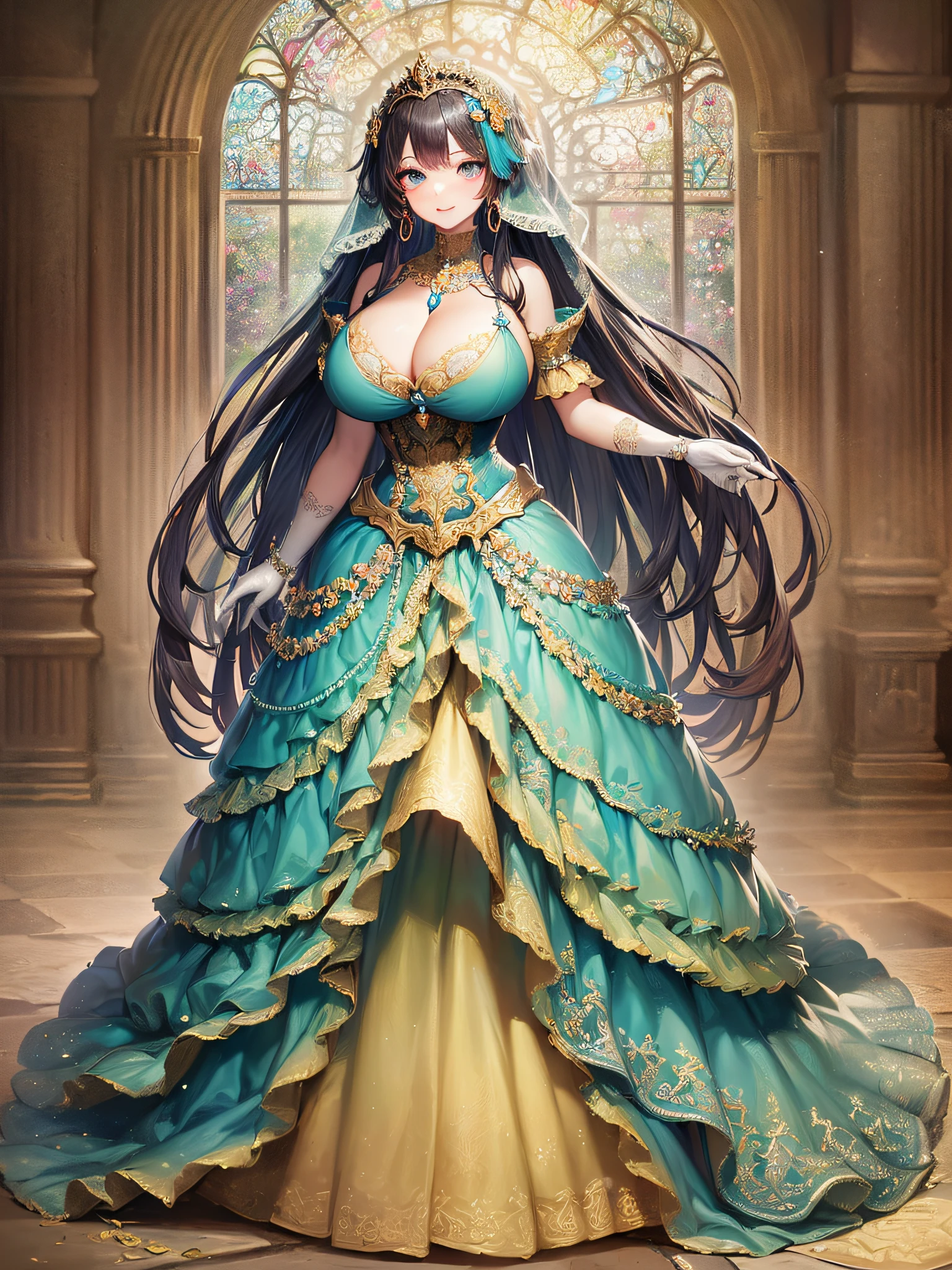 ((anime artstyle)),(Masterpiece),(Best Quality), (Super Detail),(Highly Detailed CG Unity 8k wallpaper),((Very Delicate and Beautiful)),cinematic lighting,1 girl,((full body portrait)),((standing in garden)),((solo)),(((1 fairytale princess in gorgeous embroidery and jeweled extremely gorgeous rococo princess ballgown with voluminous full length hoop skirt))),an hourglass waist,padded and corseted bodice,(((huge crinoline hoopskirt))),long train,((gorgeous embroidery and jeweled)),voluminous frills,See-through,(((extremely gigantic tits,skindentation))),cleavage,((absurdly Long Straight Hair,extremely voluminous Straight long Hair,absurdly Long Straight Hair)),(finely detailed face and eyes),(Blush,Smile),clear pupil,extremely gorgeousfull hair ornament,(bling-bling jeweled extremely gorgeousfull tiara),((bling-bling gorgeous gemstone jewelry)),gorgeous long veil,((ultra long gloves)),(beautiful background),(full body),((gorgeous embroidery and jeweled extremely gorgeous rococo princess ballgown with voluminous full length hoop skirt))