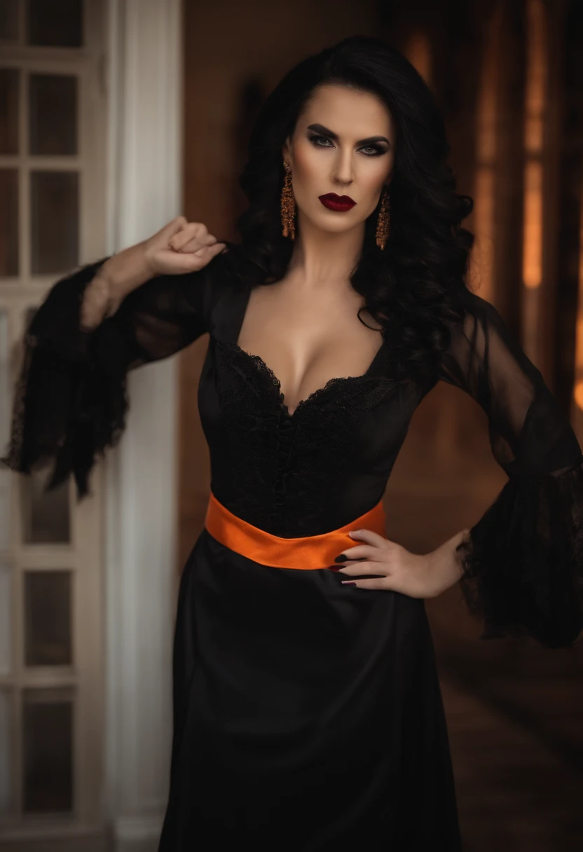 Female model hissing at the camera, sleekbob, Red lipstick:: Cute female dracula costume, dracula teeth, Black outfit with orange accent:: Interior of a gothic mansion, Black and orange color palettes, halloween theme, cinematic shot, action, no sexi girl it’s for kids
