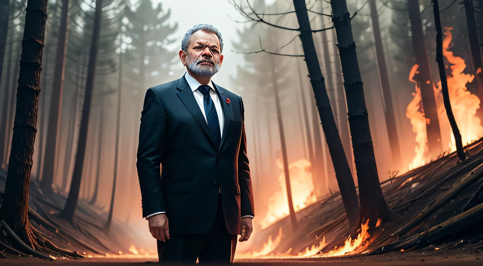 President LULA dressed in a suit with an evil expression stands in the middle of a clearing in a burning forest