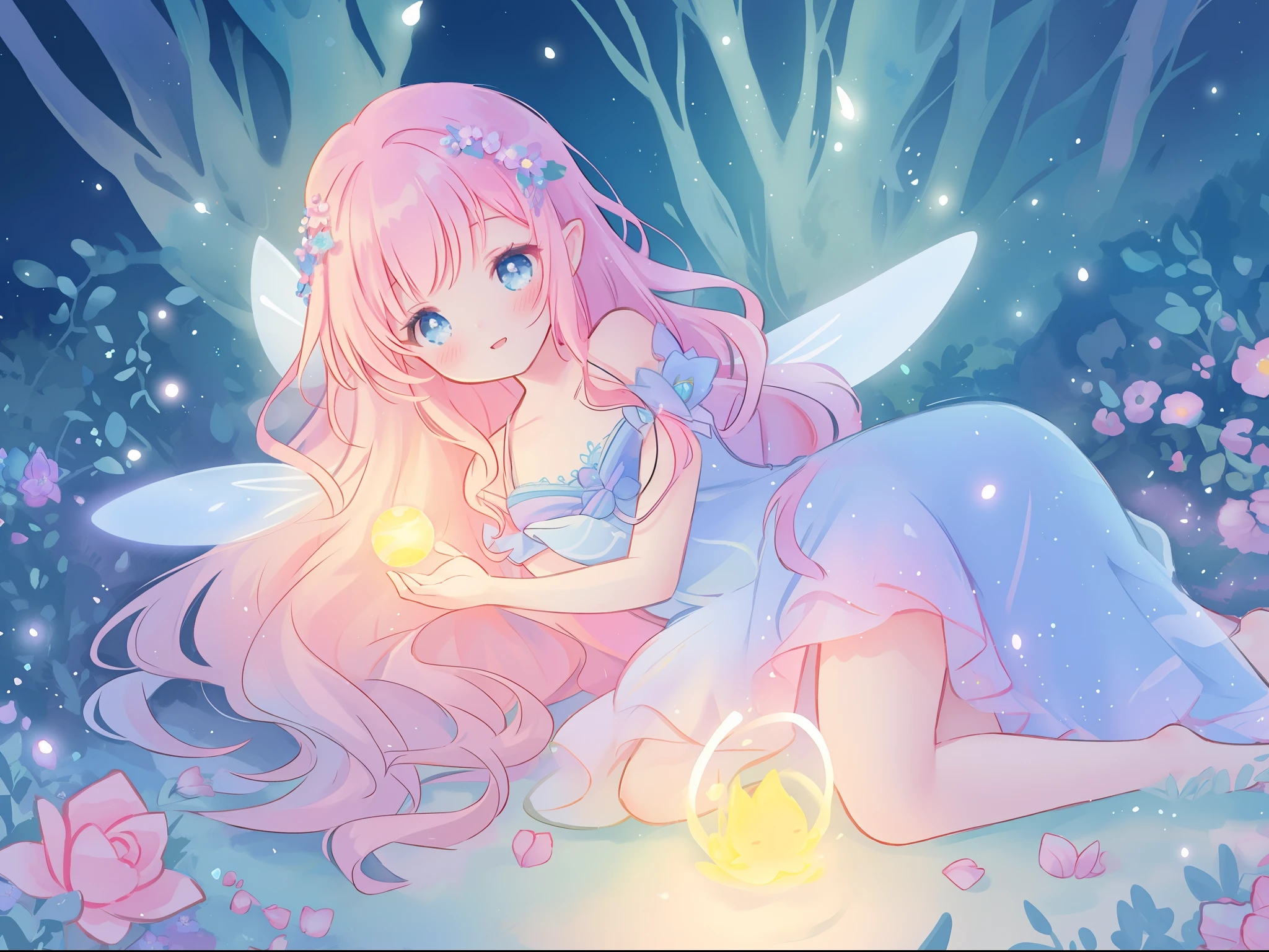 beautiful girl in fairy dress made of flower petals, beautiful fairy queen surrounded by colorful tiny pixies and fairies, glowing tiny fairies, (glowing fairy wings), glowing flowing ballgown, long wavy hair, sparkling fairy wings, watercolor illustration, flowers and colorful plants, inspired by Glen Keane, inspired by Lois van Baarle, disney art style, by Lois van Baarle, glowing aura around her, by Glen Keane, jen bartel, glowing lights! digital painting, flowing glowing hair, glowing flowing hair, beautiful digital illustration, fantasia otherworldly landscape plants flowers, beautiful, masterpiece, best quality, anime disney style