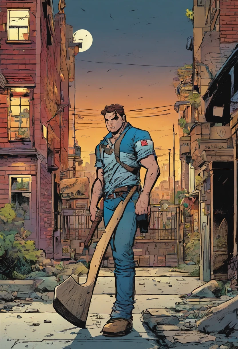 Quadrinhos americanos. Jason is standing staring at the ground while holding an axe, The background is a dimly lit street. The style is exaggerated and detailed
