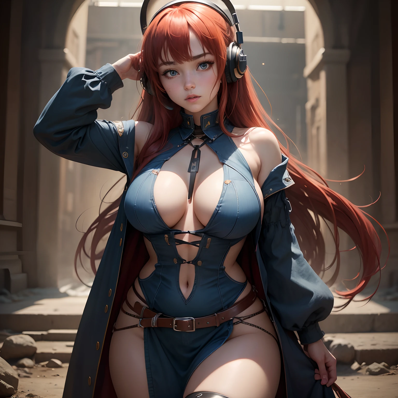 8k, masterpiece, best quality, realistic, higly detailed, cowboy shot, 1girl, solo, miku, emotionless looking girl, medium-length red hair, strands of hair hanging over the right side of her face, a set of wireless headphones that have a triangle-shaped logo on the ear cups around her neck, dark blue eyes, average height, well-endowed figure, large breasts, bangs cover her right eye, Famine Bringuer