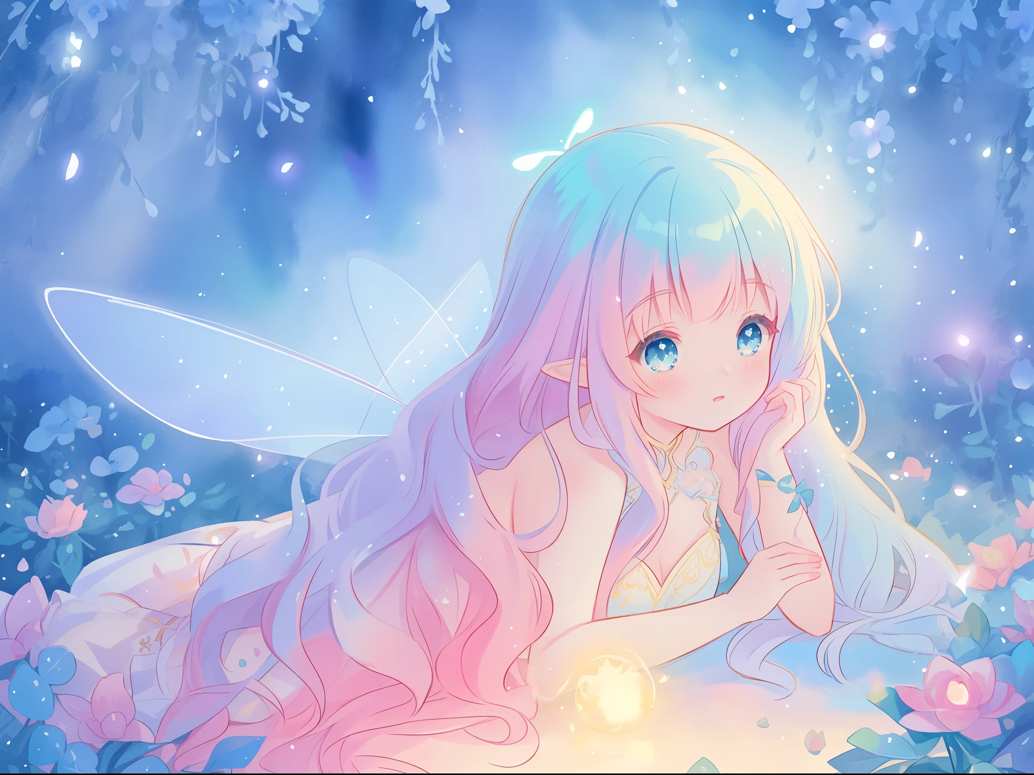 beautiful girl in fairy dress made of flower petals, beautiful fairy queen surrounded by colorful tiny pixies and fairies, glowing tiny fairies, (glowing fairy wings), glowing flowing ballgown, long wavy hair, sparkling fairy wings, watercolor illustration, flowers and colorful plants, inspired by Glen Keane, inspired by Lois van Baarle, disney art style, by Lois van Baarle, glowing aura around her, by Glen Keane, jen bartel, glowing lights! digital painting, flowing glowing hair, glowing flowing hair, beautiful digital illustration, fantasia otherworldly landscape plants flowers, beautiful, masterpiece, best quality, anime disney style