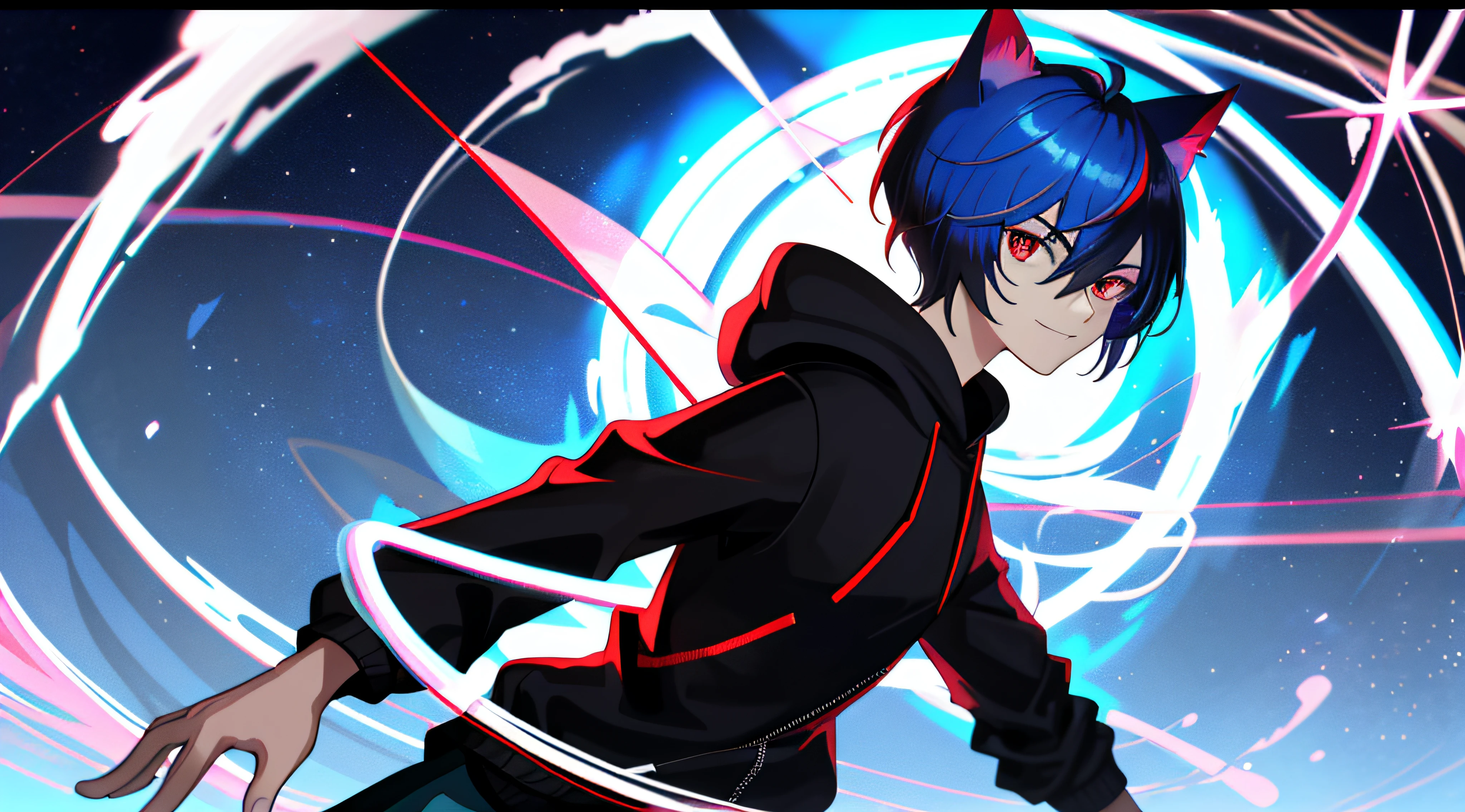 Colorful, hiquality, Sharp, Autofocus, looking a viewer, 1boy in, Cool, a handsome, red eyes, Cat's ears, Evil smile, Blue-black mesh hair, short-cut, pixie cut, hair above the eyes, Hair between the eyes, In a white hooded sweatshirt, All, Cinematic, particles of light, better shadow, ray tracking, Extremely detailed、Mid, (small ?????), tmasterpiece, male, Flat ??????, (Low angle)