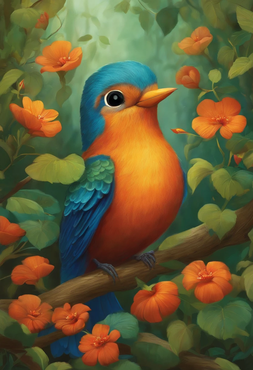 uma floresta encantada, Lived the Singing Bird, fofo, Children's book style illustration, conhecida por seu canto melodioso que enche a floresta de alegria