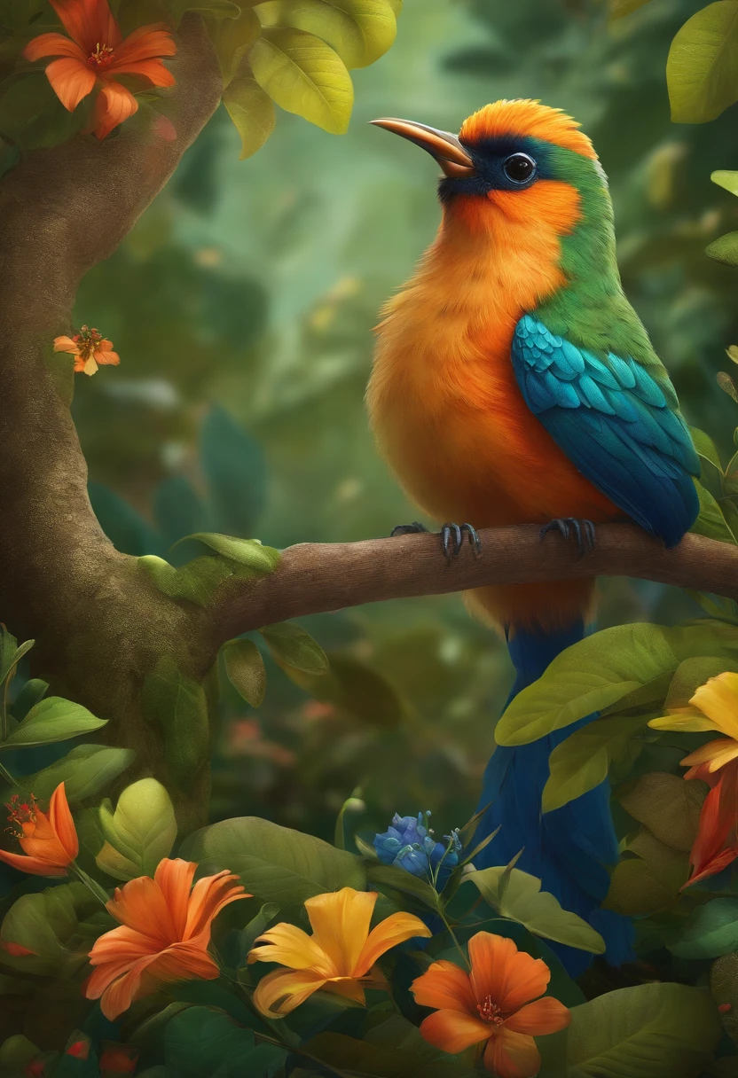 uma floresta encantada, Lived the Singing Bird, fofo, Children's book style illustration, conhecida por seu canto melodioso que enche a floresta de alegria