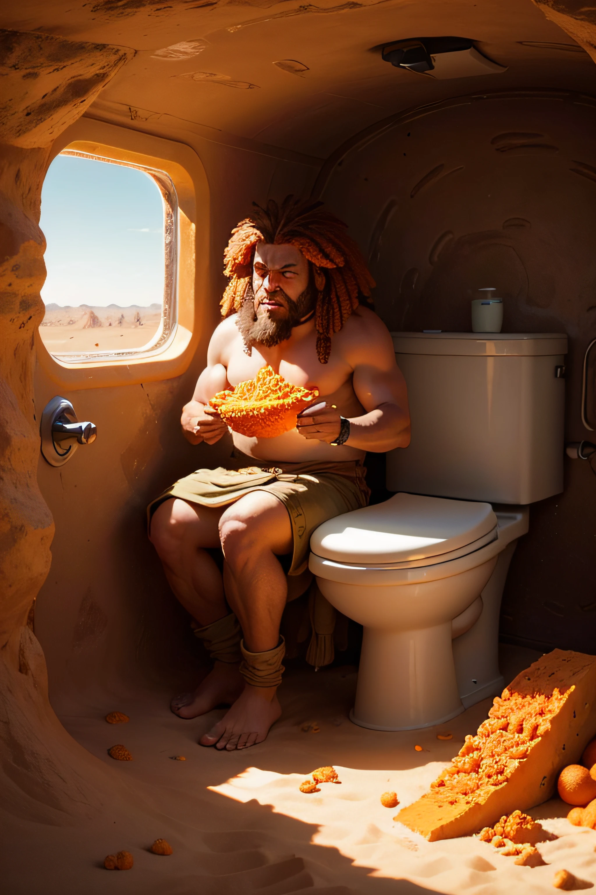 neolithic caveman eating cheetos while discovering a toilet in the desert with elon musk in a spaceship with green aliens.