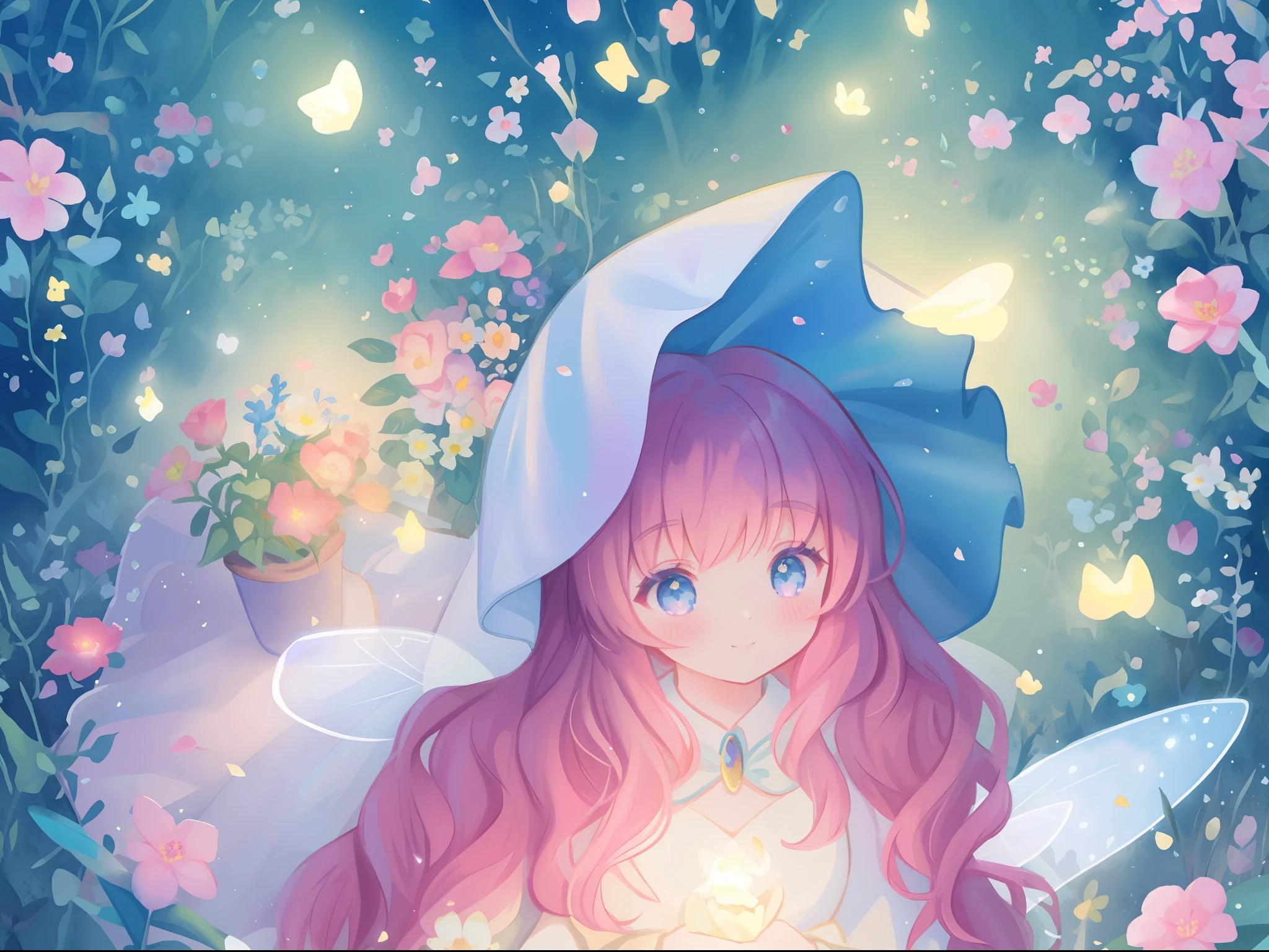 beautiful girl in fairy dress made of flower petals, beautiful fairy queen surrounded by colorful tiny pixies and fairies, glowing tiny fairies, (glowing fairy wings), glowing flowing ballgown, long wavy hair, sparkling fairy wings, watercolor illustration, flowers and colorful plants, inspired by Glen Keane, inspired by Lois van Baarle, disney art style, by Lois van Baarle, glowing aura around her, by Glen Keane, jen bartel, glowing lights! digital painting, flowing glowing hair, glowing flowing hair, beautiful digital illustration, fantasia otherworldly landscape plants flowers, beautiful, masterpiece, best quality, anime disney style