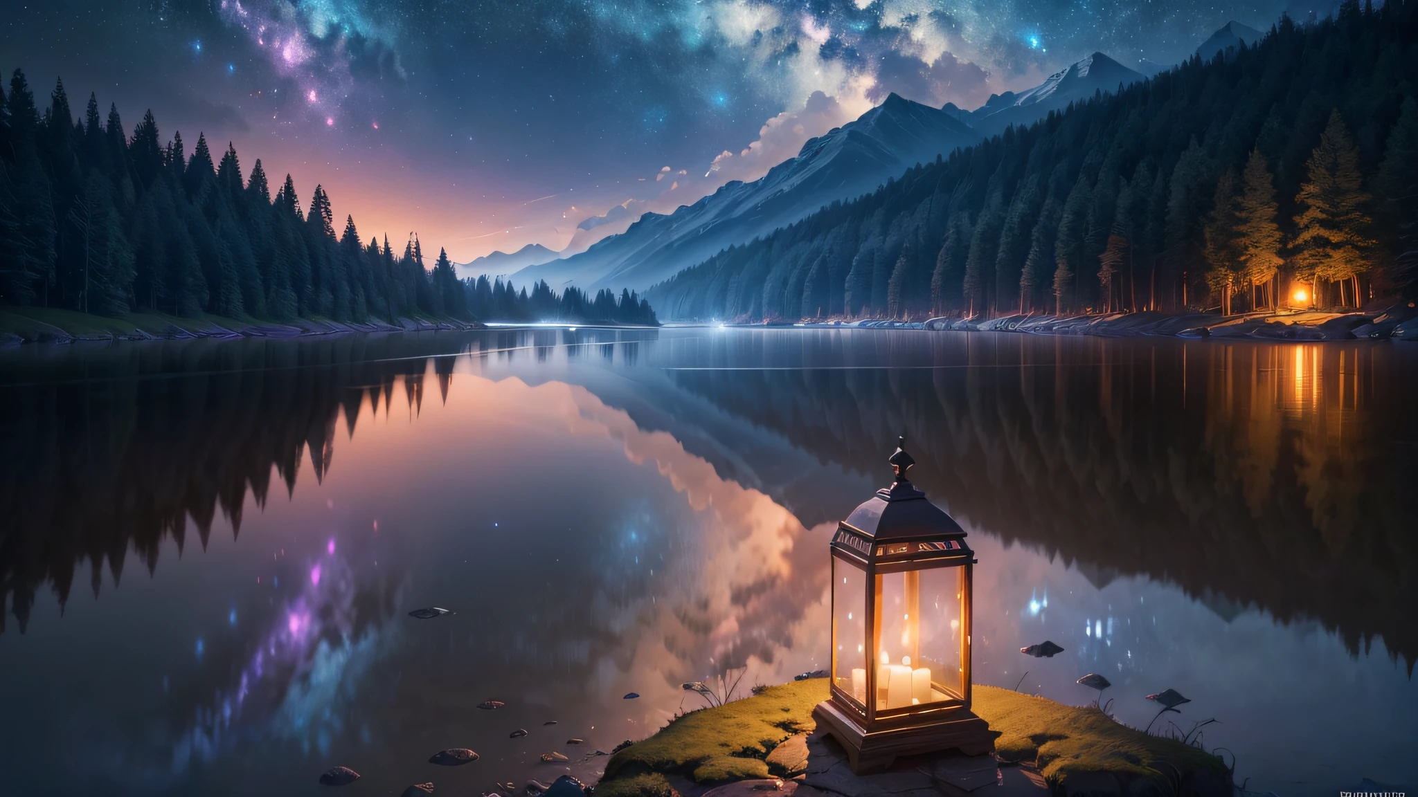 (best quality,4k,8k,highres,masterpiece:1.2),ultra-detailed,(realistic,photorealistic,photo-realistic:1.37),nature scenic view,milky way galaxy,serene night landscape,spectacular starry sky,tranquil forest,sparkling river,imposing mountains,peaceful meadow,gentle breeze,silhouettes of trees,dreamy atmosphere,magic in the air,beautiful moonlight,fantastic color palette,vibrant blues,purples,shimmering stars,twinkling lights,majestic aura,awe-inspiring beauty,grandeur of nature,ethereal ambiance,lush greenery,calm and still water,reflective surface,majestic reflections,untouched beauty,serenity of the night,harmony in nature,sublime scenery,mystery in the shadows,soothing sounds of nature,whispering leaves,rustling grass,pure serenity,moonlit pathway,tranquil solace,unforgettable night journey,immersed in nature's embrace,dreamlike garden in the moonlight,dazzling celestial spectacle,blissful solitude,serene escape,awe and wonder in nature's tapestry,enchanted landscape,scenic paradise,unveiling the wonders of the universe,tranquility under the starry sky,embracing the vastness of the cosmos,vivid celestial display,surreal night canvas.