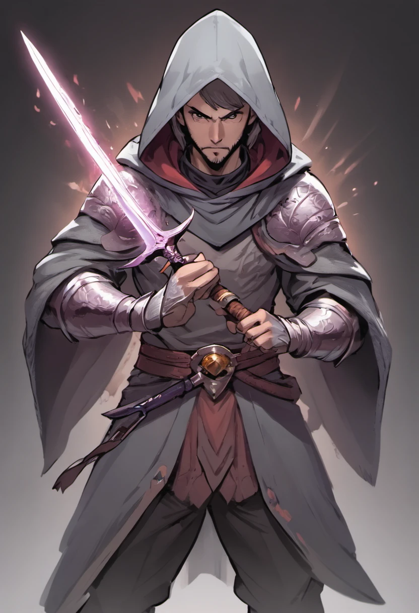 A man in a gray hooded cloak, Holding a dagger and a dagger, picture of an adult male warrior, Holding a dagger and a dagger, Fantasy D&d Personality, Fantasy warrior in full armor, D & d Fantasy character, Character dungeons and dragons, fantasy character photo, Fantasy Character DND